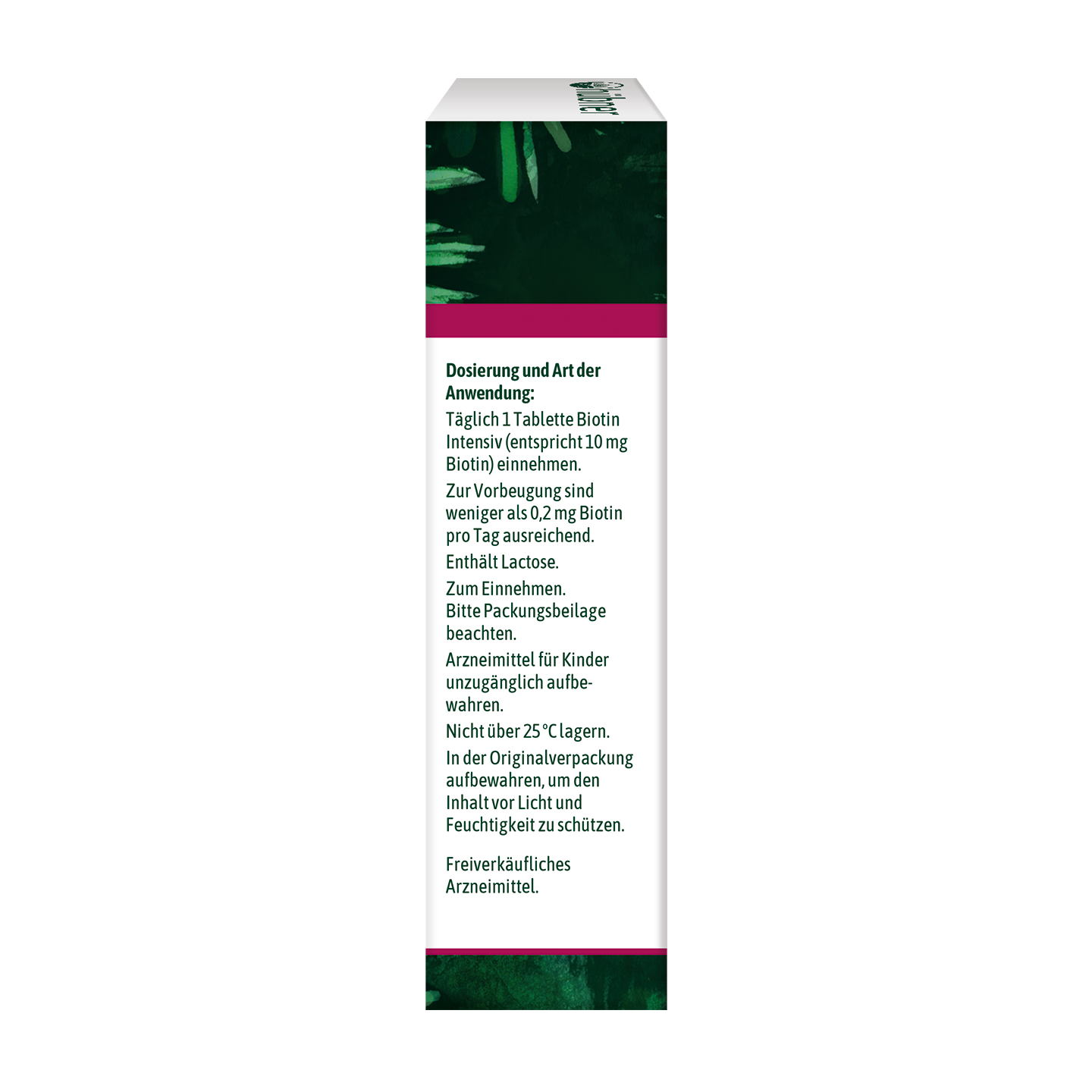 Seite einer Produktverpackung mit deutschem Text, der Dosierungs- und Anwendungshinweise für Biotin-Tabletten enthält, einschließlich Aufbewahrungs- und Sicherheitshinweisen.