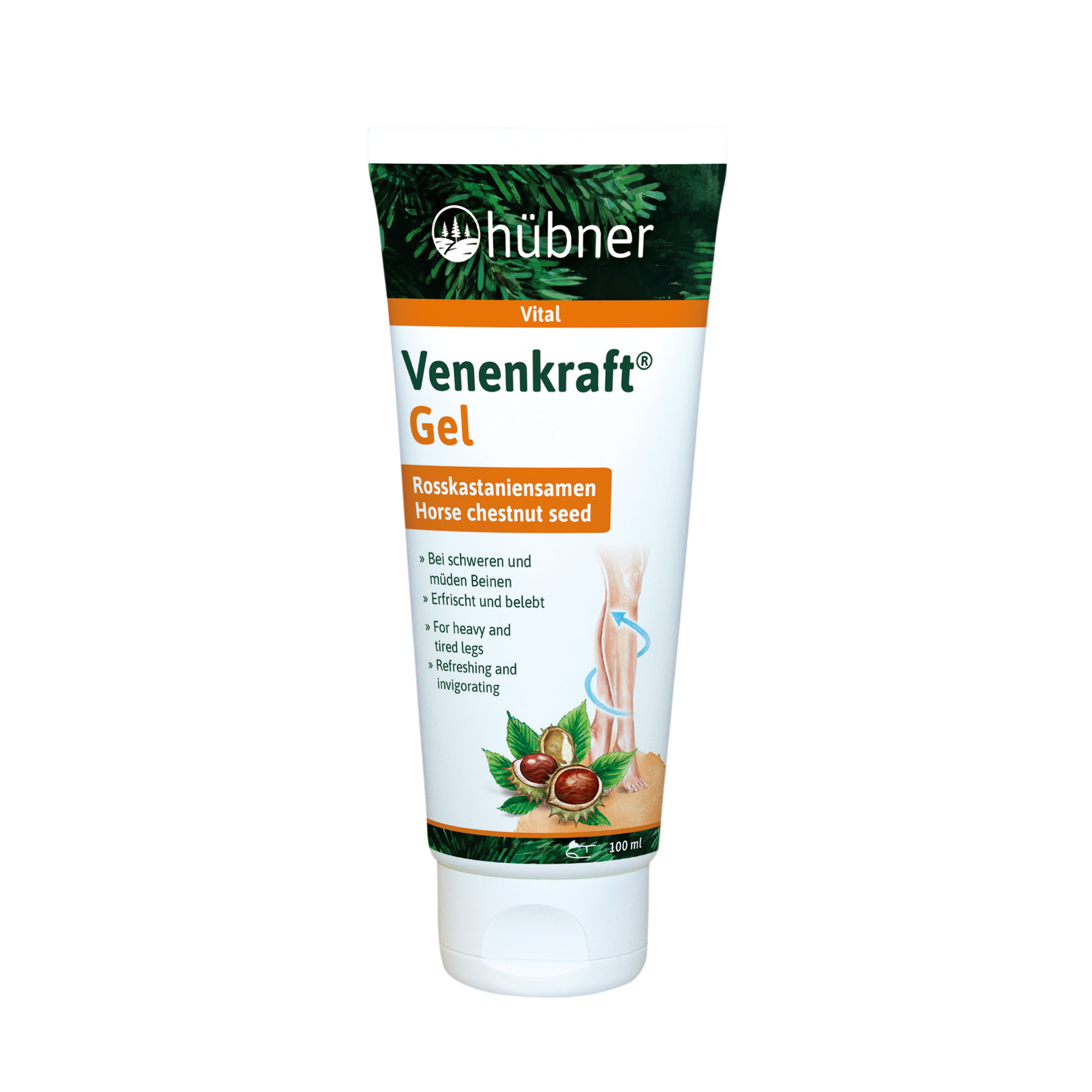 Eine Tube Hübner Venenkraft Gel mit Rosskastaniensamen.