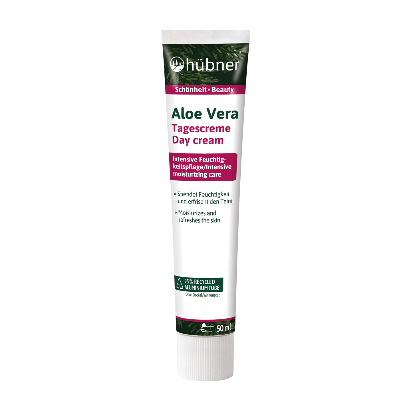 Eine Tube Hübner Aloe Vera Tagescreme, gekennzeichnet als intensive Feuchtigkeitspflege und geeignet zur Schönheits- und Hauterfrischung.