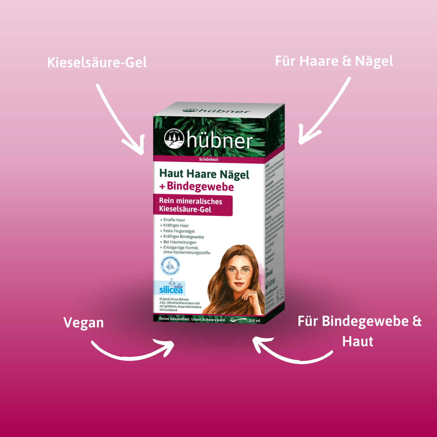 Eine Schachtel Hübner Kieselsäure-Gel für Haare, Nägel und Bindegewebe mit aufgedruckten Vorteilen auf einem rosa Hintergrund mit Farbverlauf.
