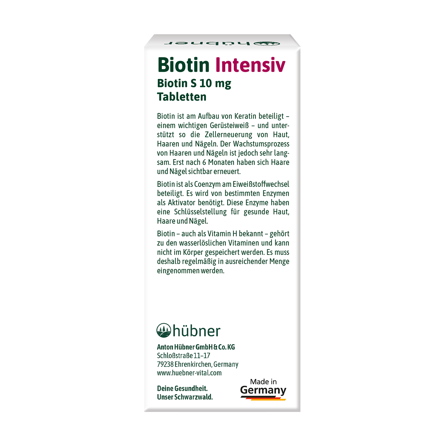 Schachtel Hübner Biotin Intensiv, deutscher Text beschreibt die Vorteile des Produkts für Haare, Haut und Nägel, mit dem Etikett „Made in Germany“.