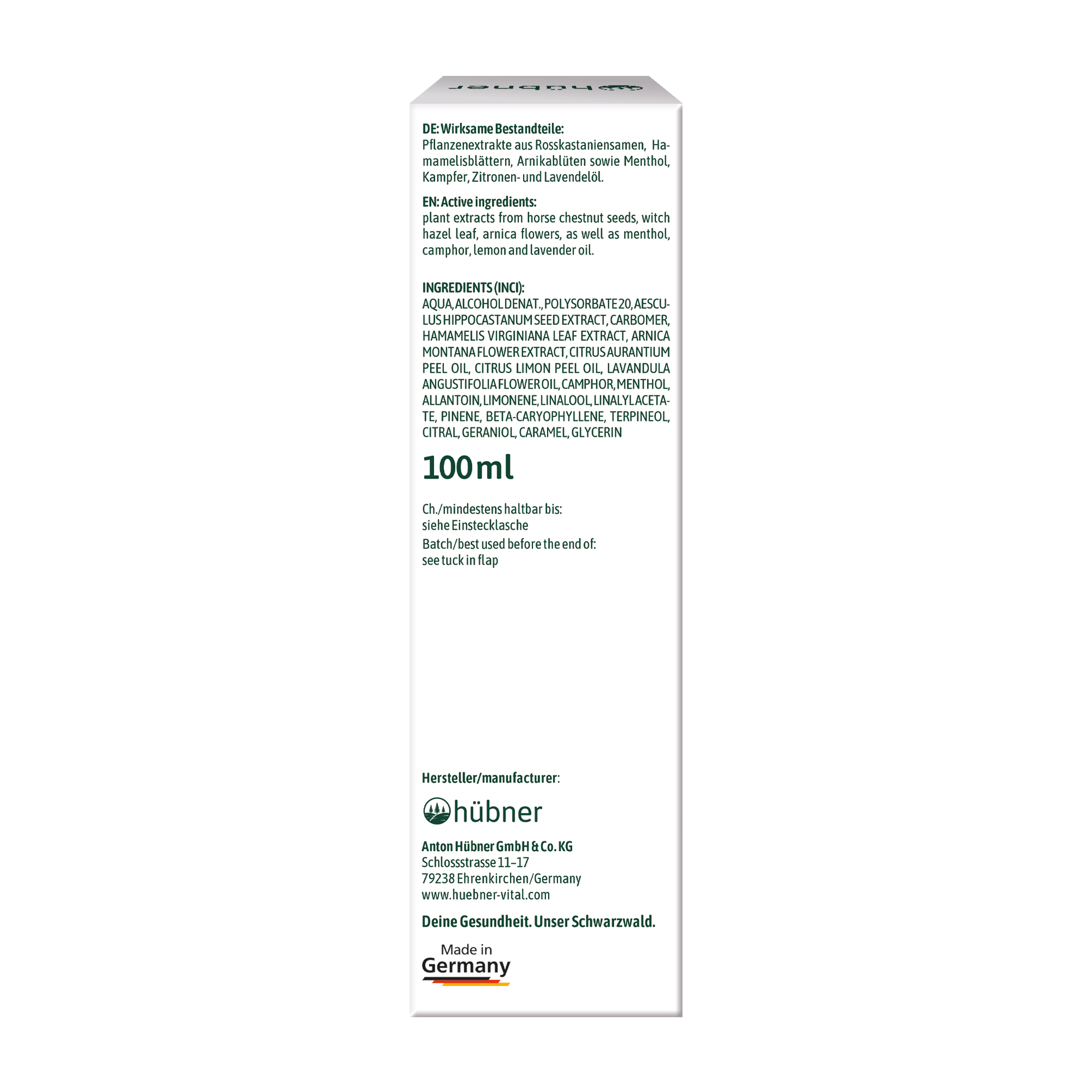Seitenansicht der Hübner Venenkraft Gel-Schachtel mit Auflistung der Inhaltsstoffe und Herstellerinformationen, kennzeichnet das Produkt als in Deutschland hergestellt.