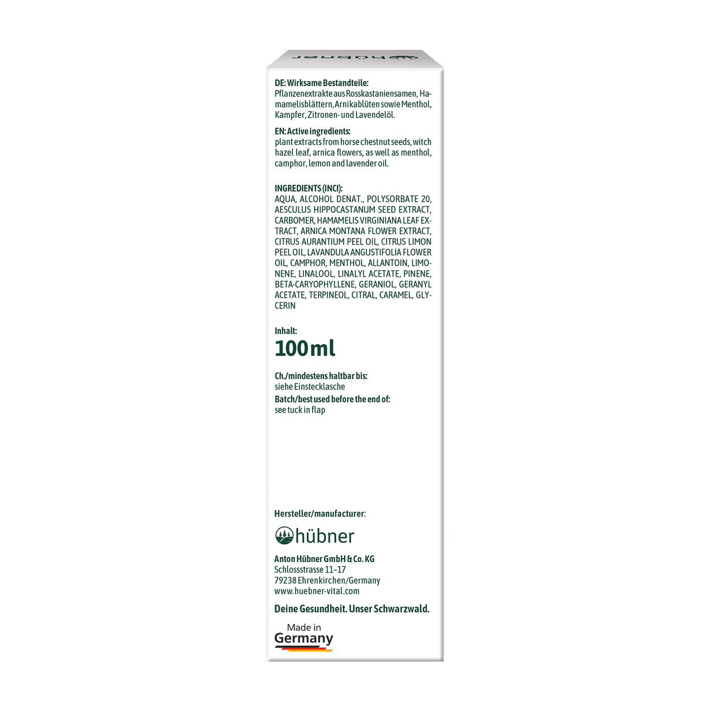 Seitenansicht der Hübner Venenkraft Gel-Schachtel mit Auflistung der Inhaltsstoffe und Herstellerinformationen, kennzeichnet das Produkt als in Deutschland hergestellt.