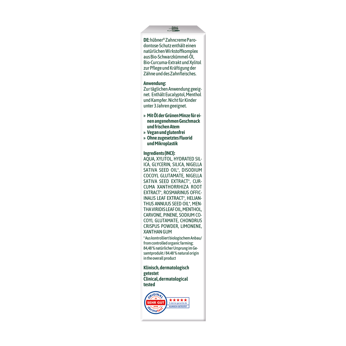 Rückseite einer Zahnpastaschachtel mit Inhaltsstoffen, Gebrauchsanweisung und Zertifizierungen in deutscher Sprache.