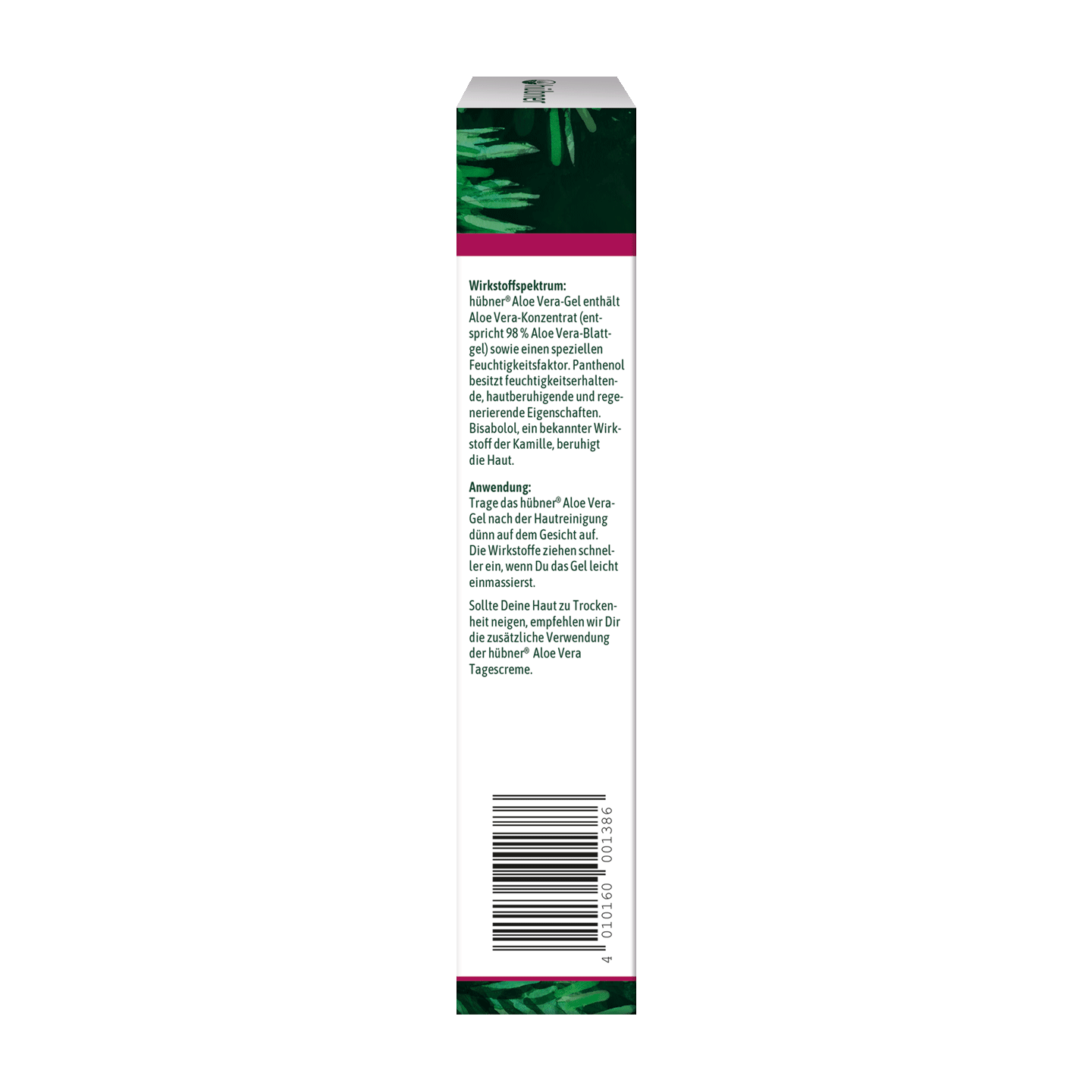 Seitenansicht einer Schachtel Hübner Aloe Vera Gel mit deutschem Text zu Anwendung und Wirkstoffspektrum sowie einem Strichcode.