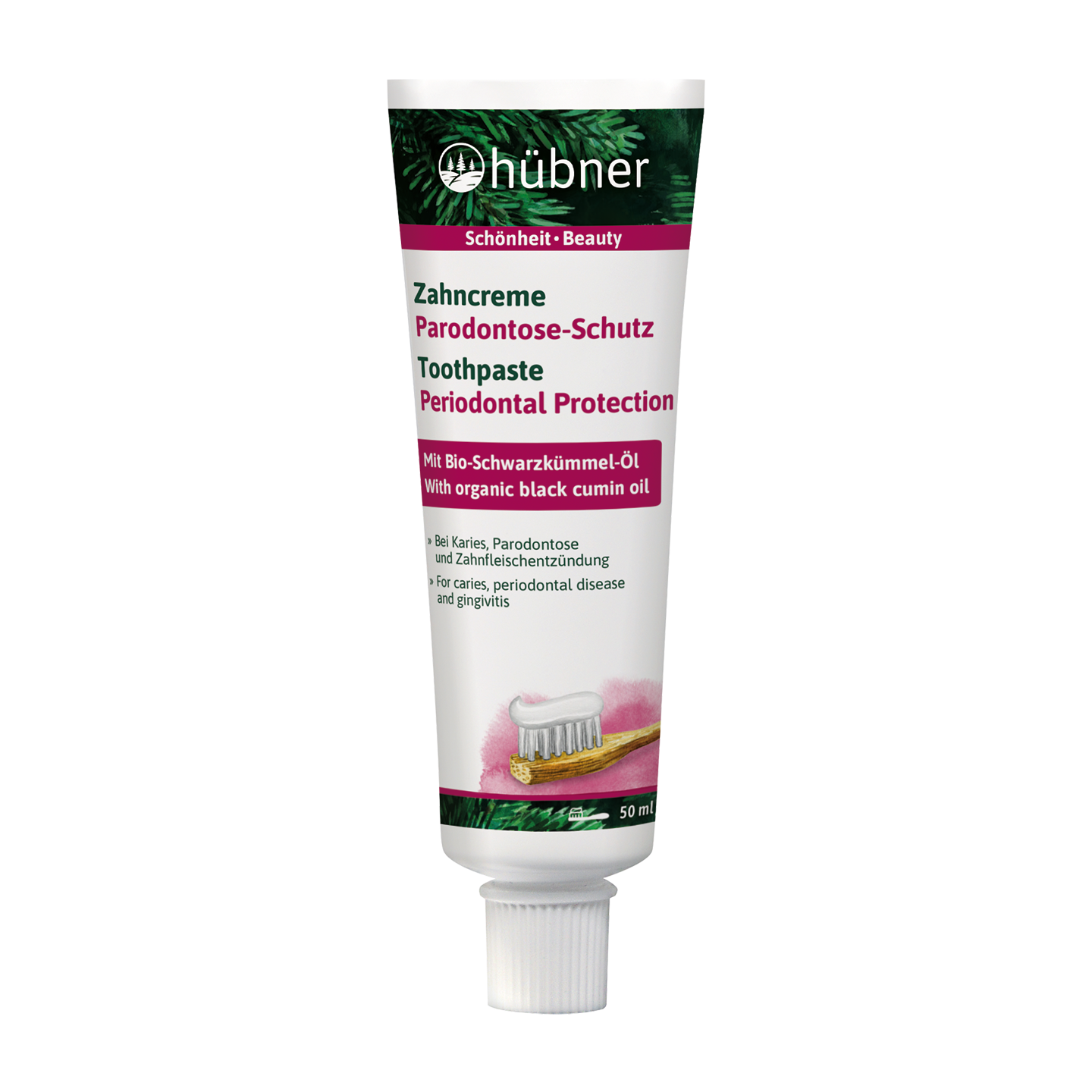 Eine Tube Hübner Zahnpasta für den Parodontalschutz mit Bio-Schwarzkümmelöl, beschriftet in Deutsch und Englisch, Größe 50 ml.