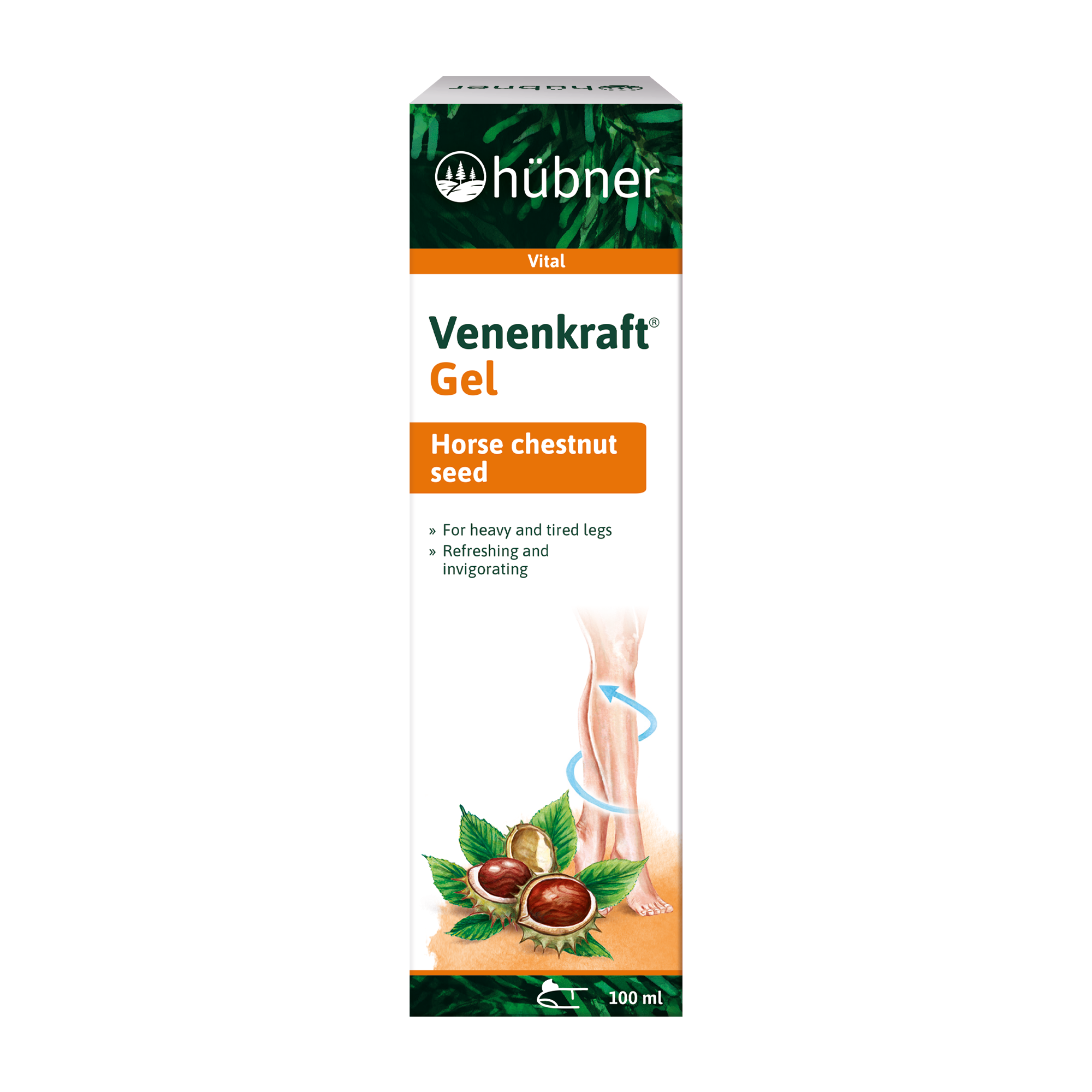 Eine Schachtel Hübner Venenkraft Gel mit Rosskastaniensamen, zur Linderung schwerer und müder Beine, 100 ml.