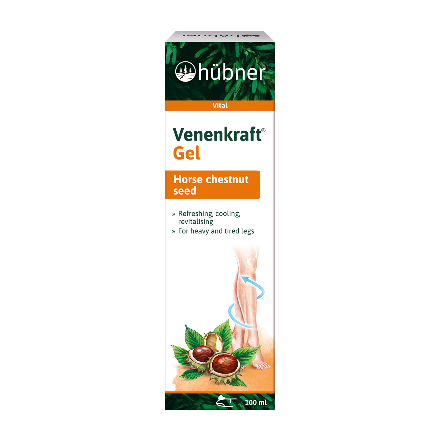 Eine Schachtel Hübner Venenkraft Gel mit Rosskastaniensamen, zur Linderung schwerer und müder Beine, 100 ml.