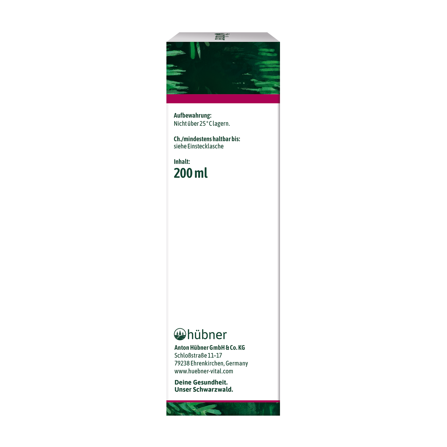 Eine weiße Produktverpackung mit grünen Rändern, die Aufbewahrungshinweise und ein Etikett mit der Aufschrift „Inhalt 200 ml“ in deutscher Sprache zeigt.