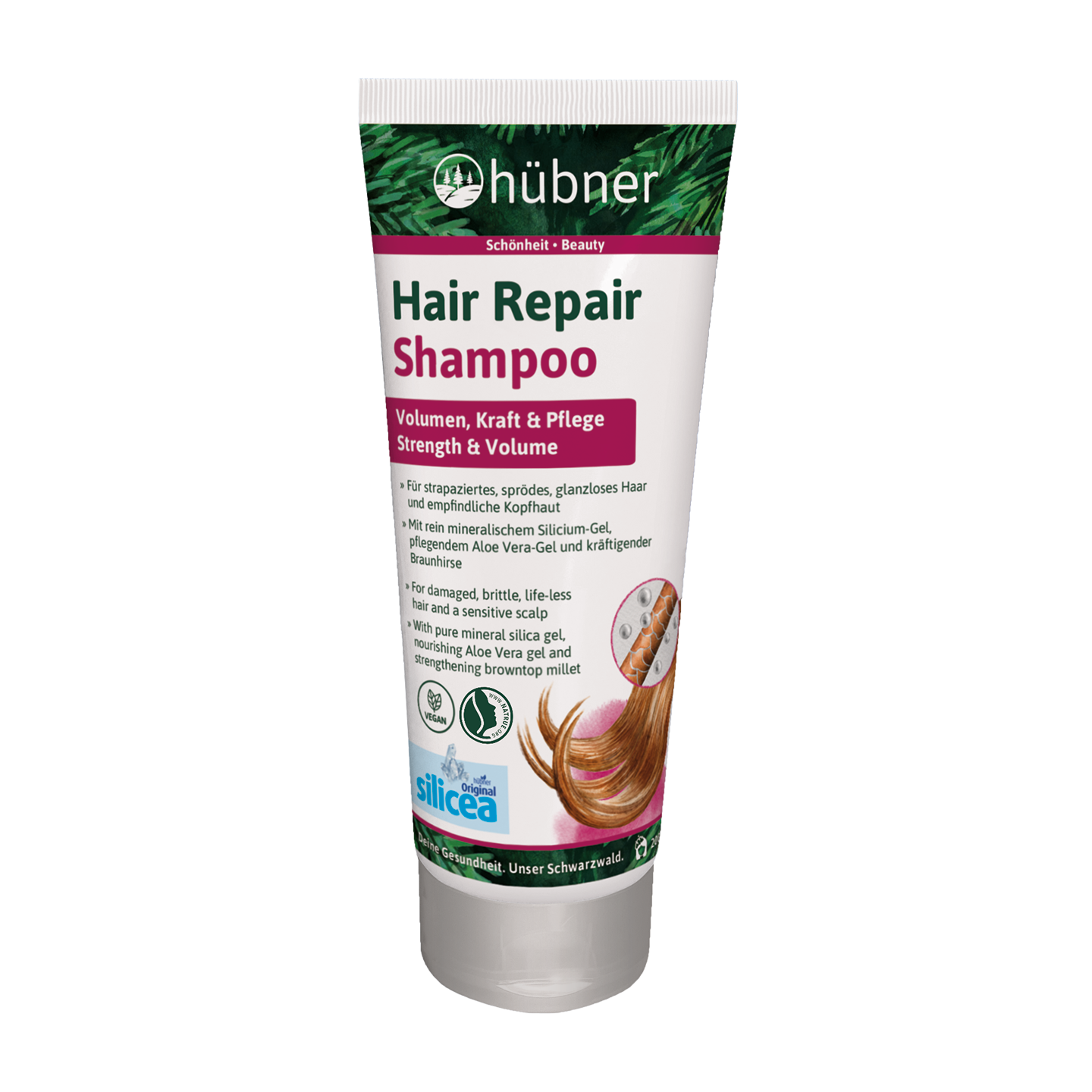 Eine Tube Hübner Hair Repair Shampoo für Kraft und Volumen, entwickelt für geschädigtes Haar, mit Aloe Vera und Kieselgel.