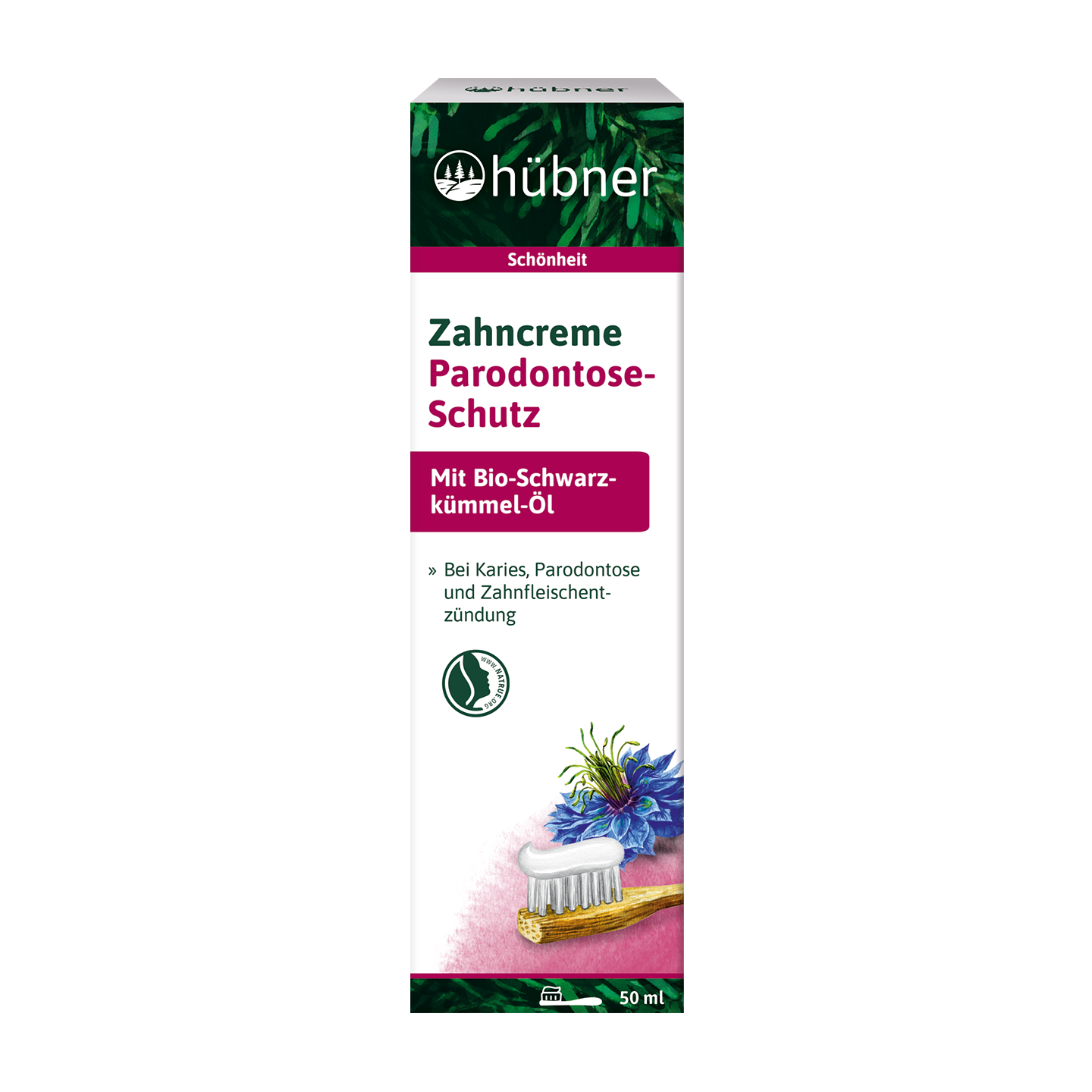 Weiße Schachtel von Hübner Zahnpasta mit deutschem Text, einer Zahnbürste und einer Blumenillustration auf der Vorderseite.