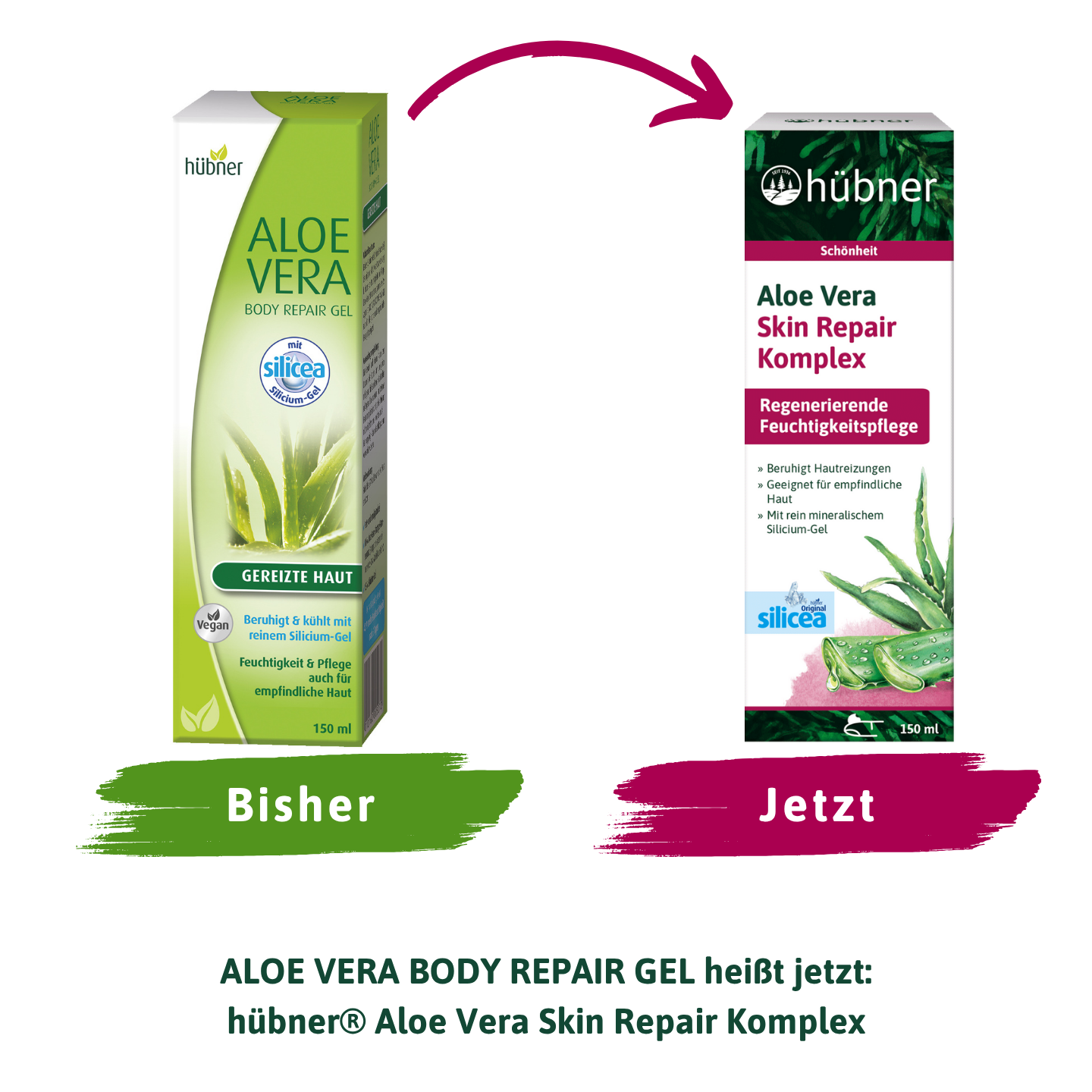 Abgebildet sind zwei Produktboxen: links das alte "Aloe Vera Body Repair Gel" und rechts der neue "Aloe Vera Skin Repair Komplex.