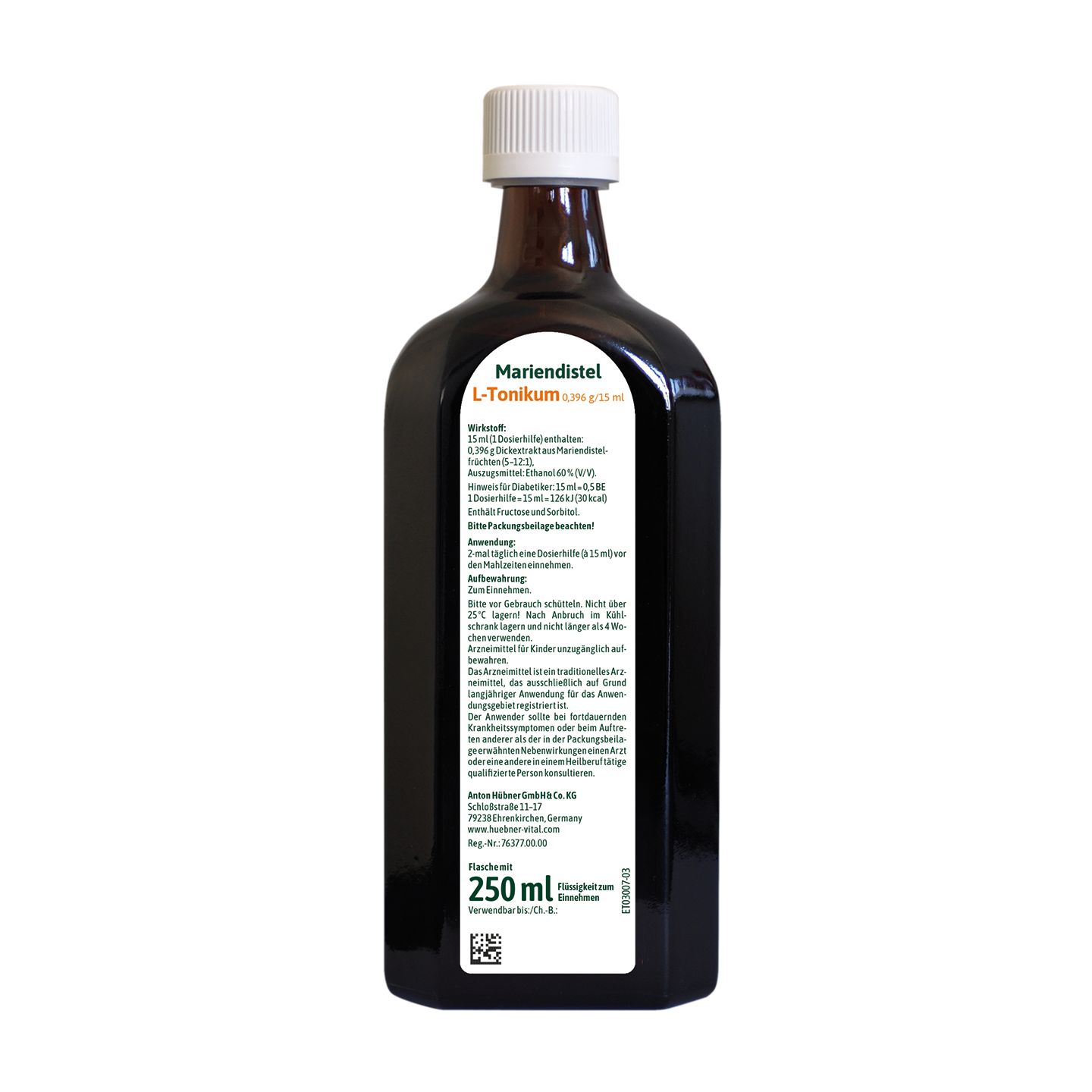 Eine braune Flasche mit weißem Etikett, auf dem deutscher Text, Inhaltsstoffe und Dosierungsinformationen zu sehen sind; sie fasst 250 ml Flüssigkeit.