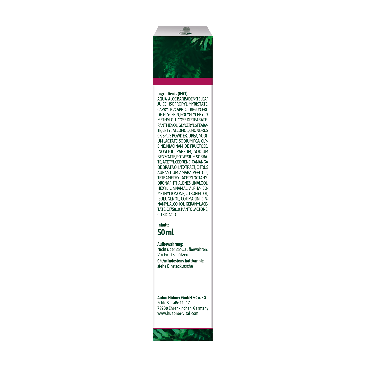 Eine weiß-grüne Produktbox mit einem deutschen Text über das Wirkstoffspektrum und die Anwendung des Produkts sowie einem Barcode auf einer Seite.