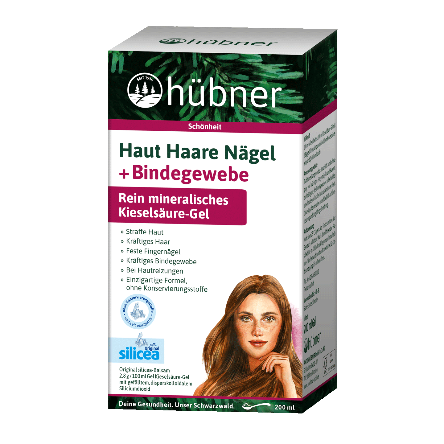 Eine Schachtel Hübner Kieselsäure-Gel Nahrungsergänzungsmittel für Haut, Haare, Nägel und Bindegewebe mit der Abbildung eines Frauengesichts.