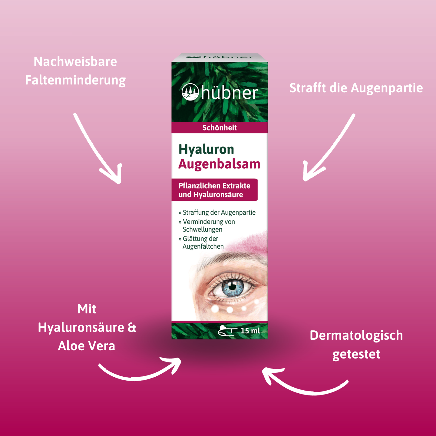 Schachtel Hübner Hyaluron Augenbalsam mit Text und Pfeilen, die die Vorteile für die Augen hervorheben, einschließlich Anti-Falten-Wirkung und dermatologischer Tests.