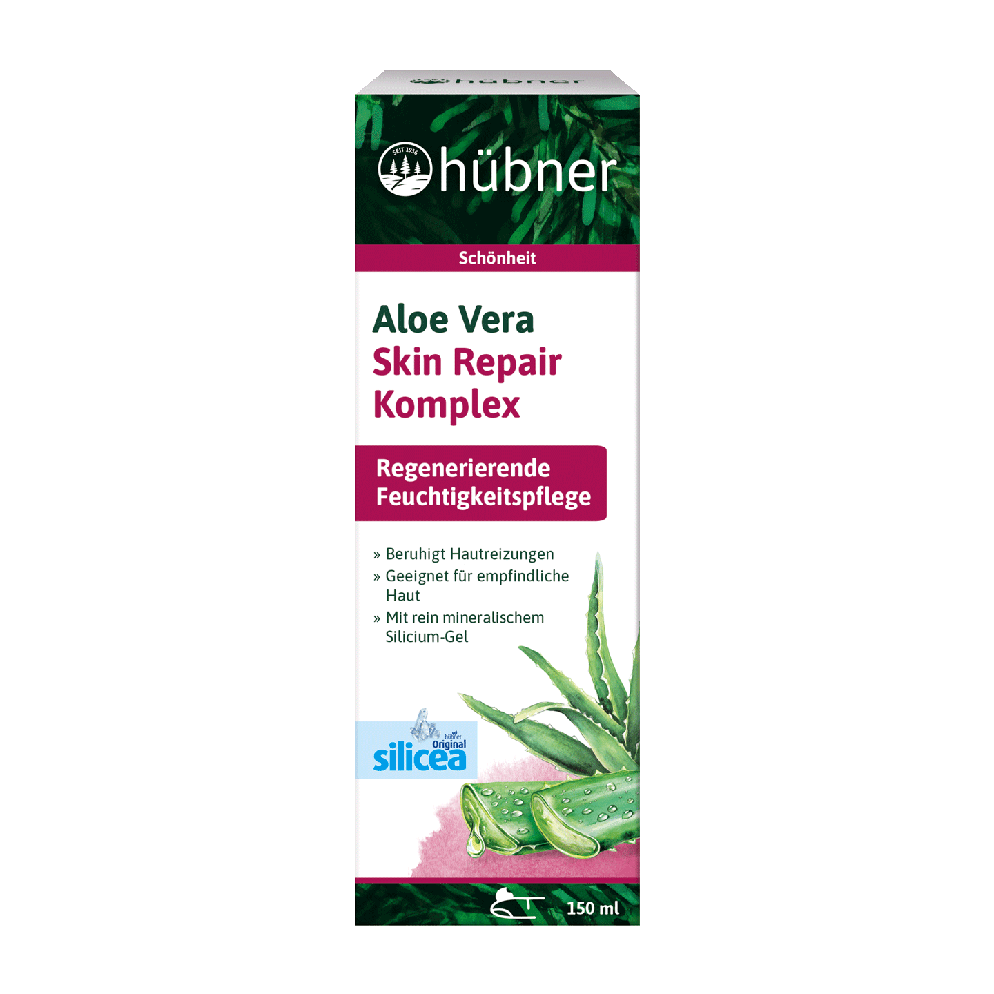 Schachtel von Hübner Aloe Vera Skin Repair Komplex, mit Abbildung der Aloe Vera-Pflanze und Produktangaben auf der Vorderseite.