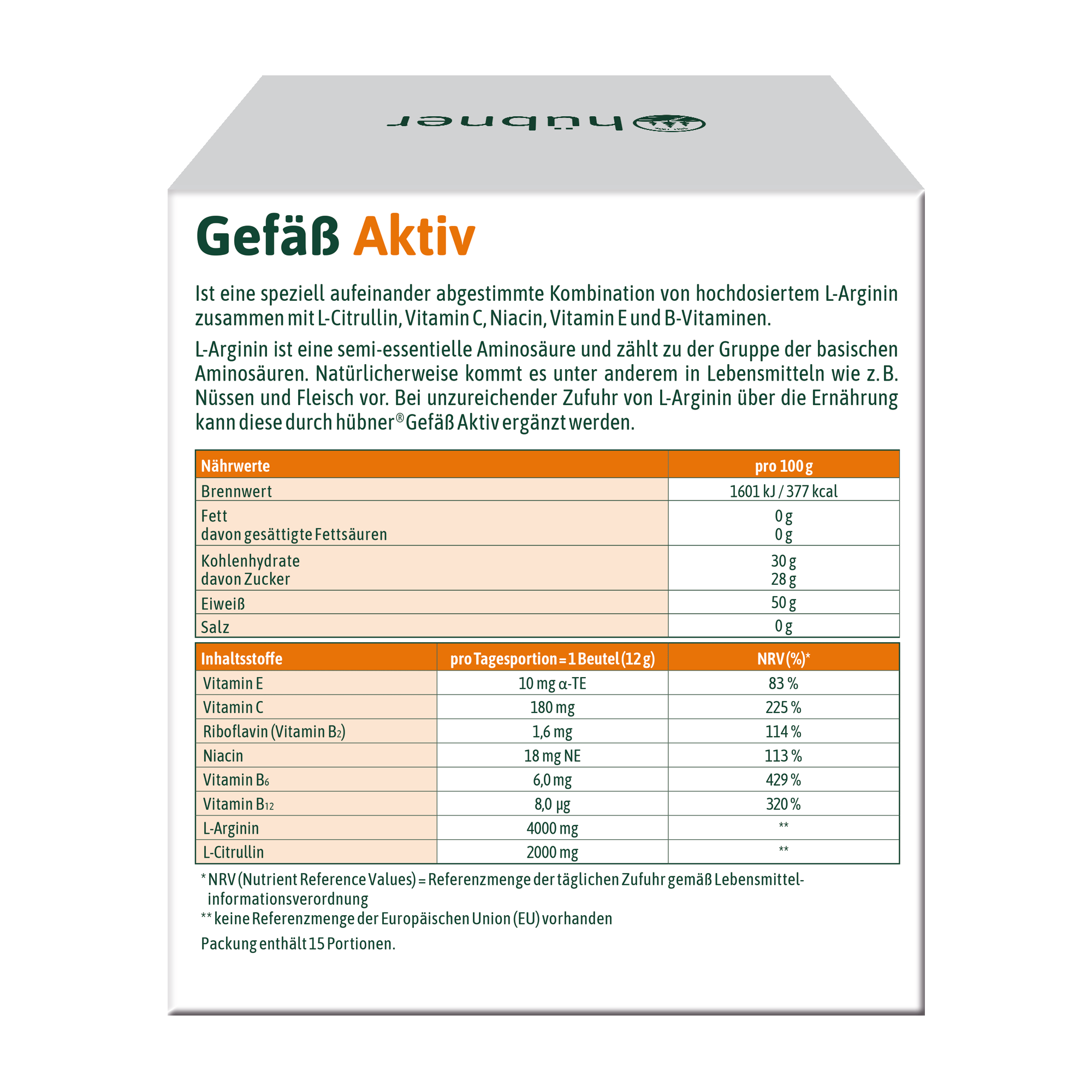 Schachtel mit Gefäß Aktiv-Ergänzungsmittel mit Nährwertangaben und Inhaltsstoffen auf Deutsch.