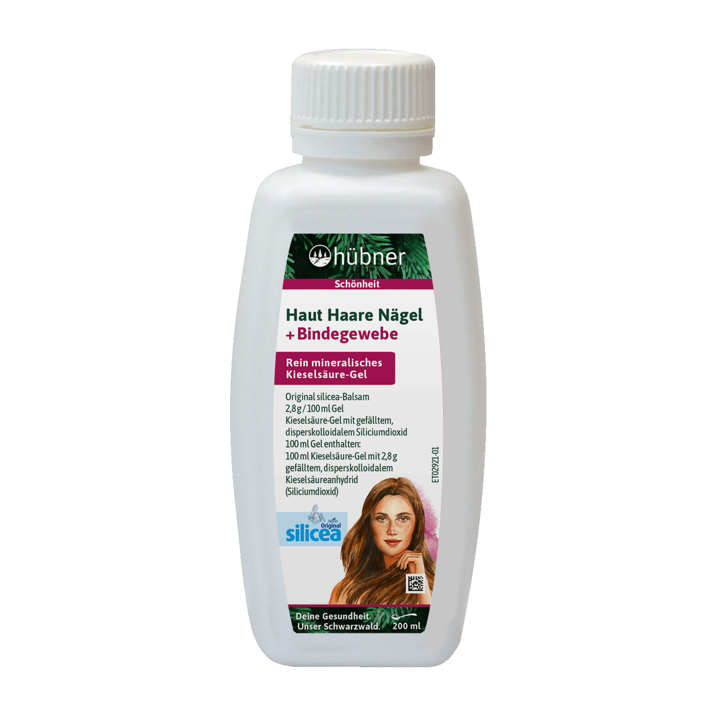 Eine weiße Flasche Hübner Silicea Gel für Haut, Haare, Nägel und Bindegewebe, mit Text und einem Frauengesicht auf dem Etikett.
