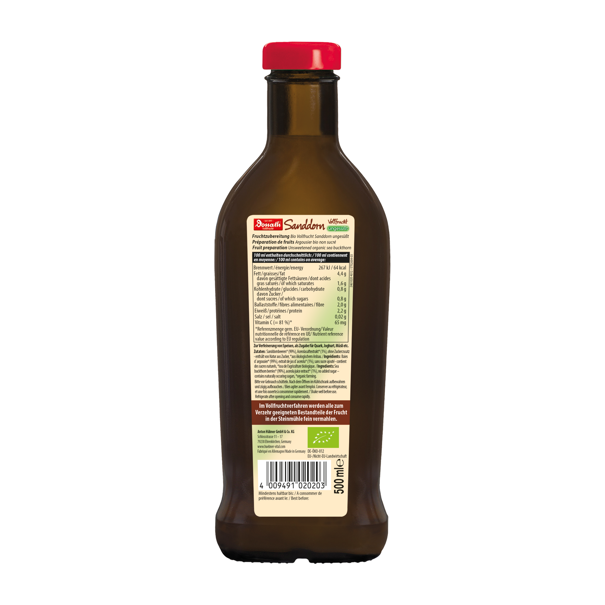 Eine braune Flasche mit rotem Deckel, auf deren Rückseite sich ein Etikett mit Nährwertangaben, Zutaten und einem Strichcode befindet.