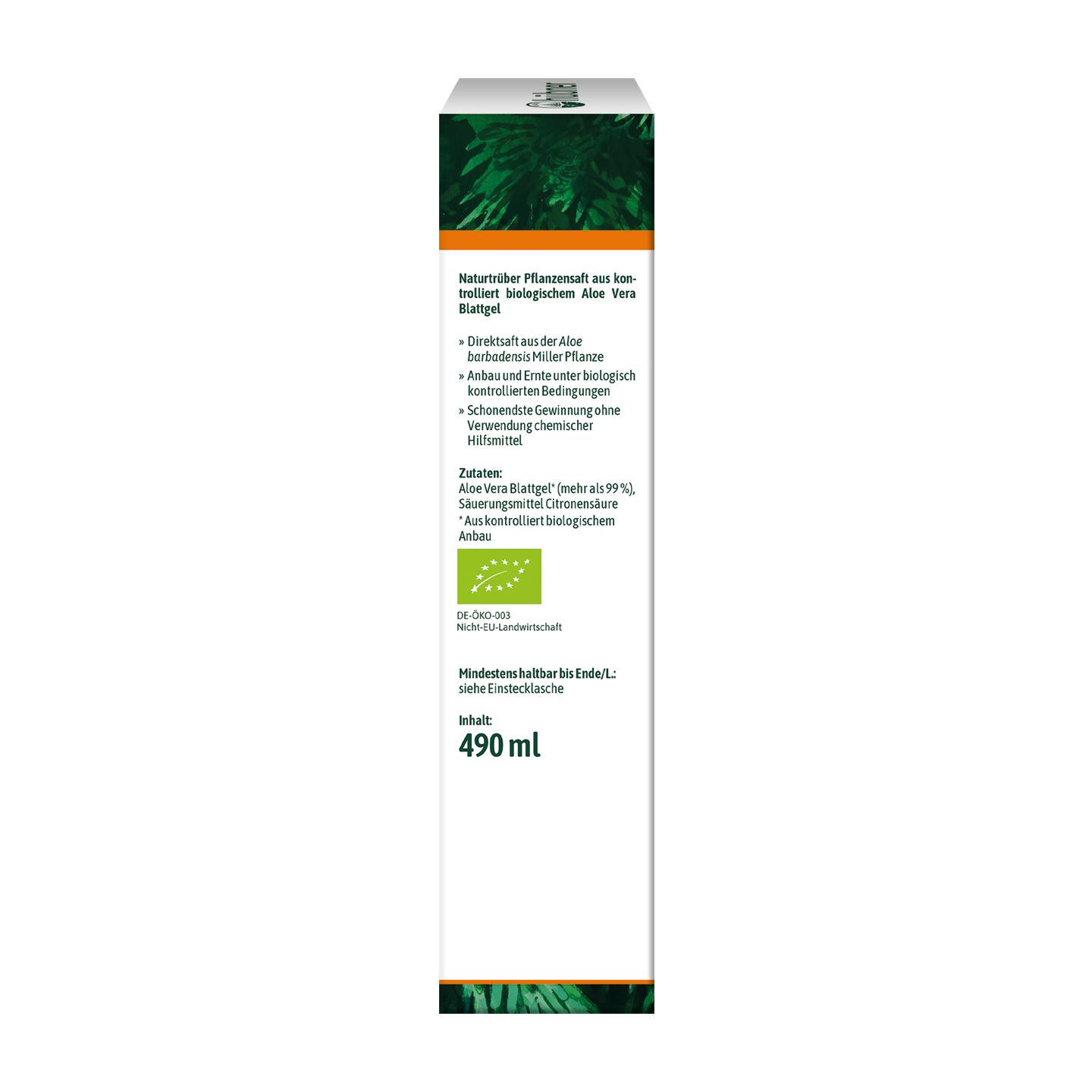 Eine hohe Schachtel mit deutschem Text, grünen Blättern oben und einem Etikett mit der Angabe 490 ml Bio-Aloe-Vera-Pflanzensaft.