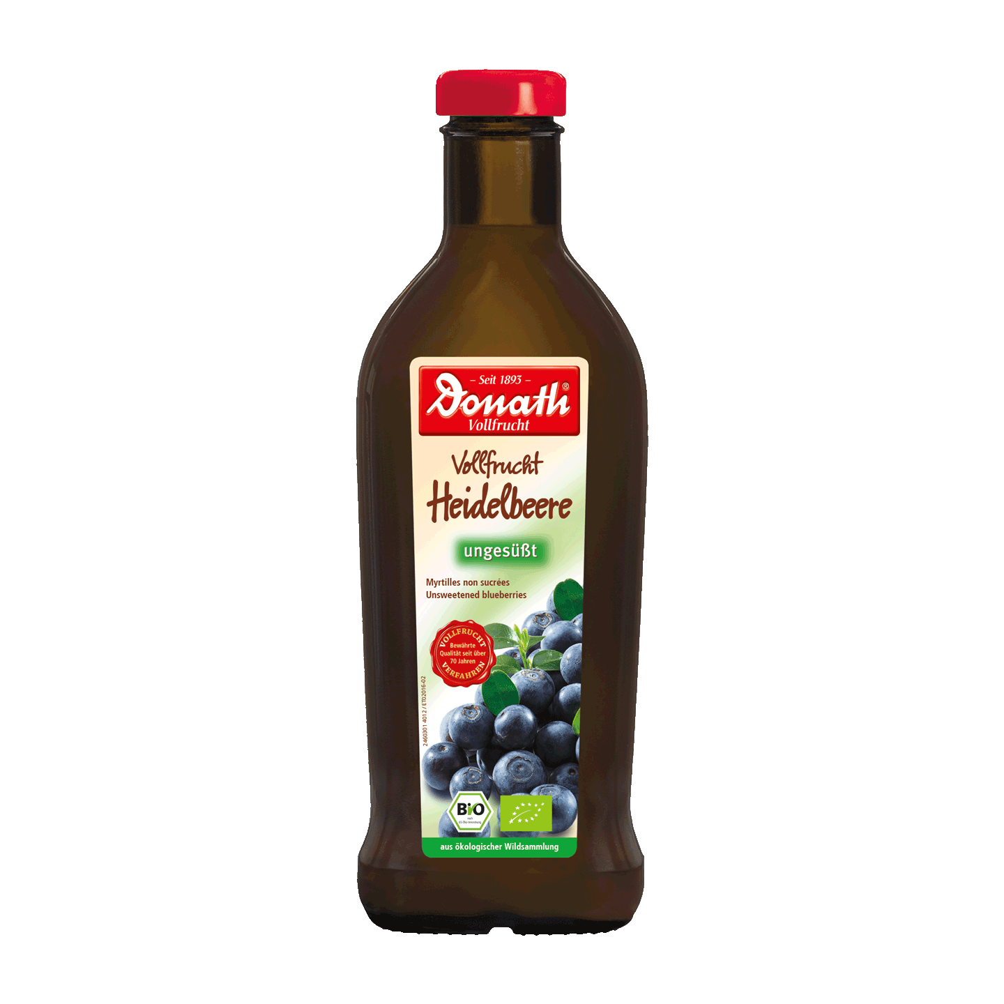 Eine Flasche Donath-Blaubeersaft mit einem Etikett, auf dem Blaubeeren abgebildet sind, und einem deutschen Text, der darauf hinweist, dass der Saft ungesüßt und biologisch angebaut ist.