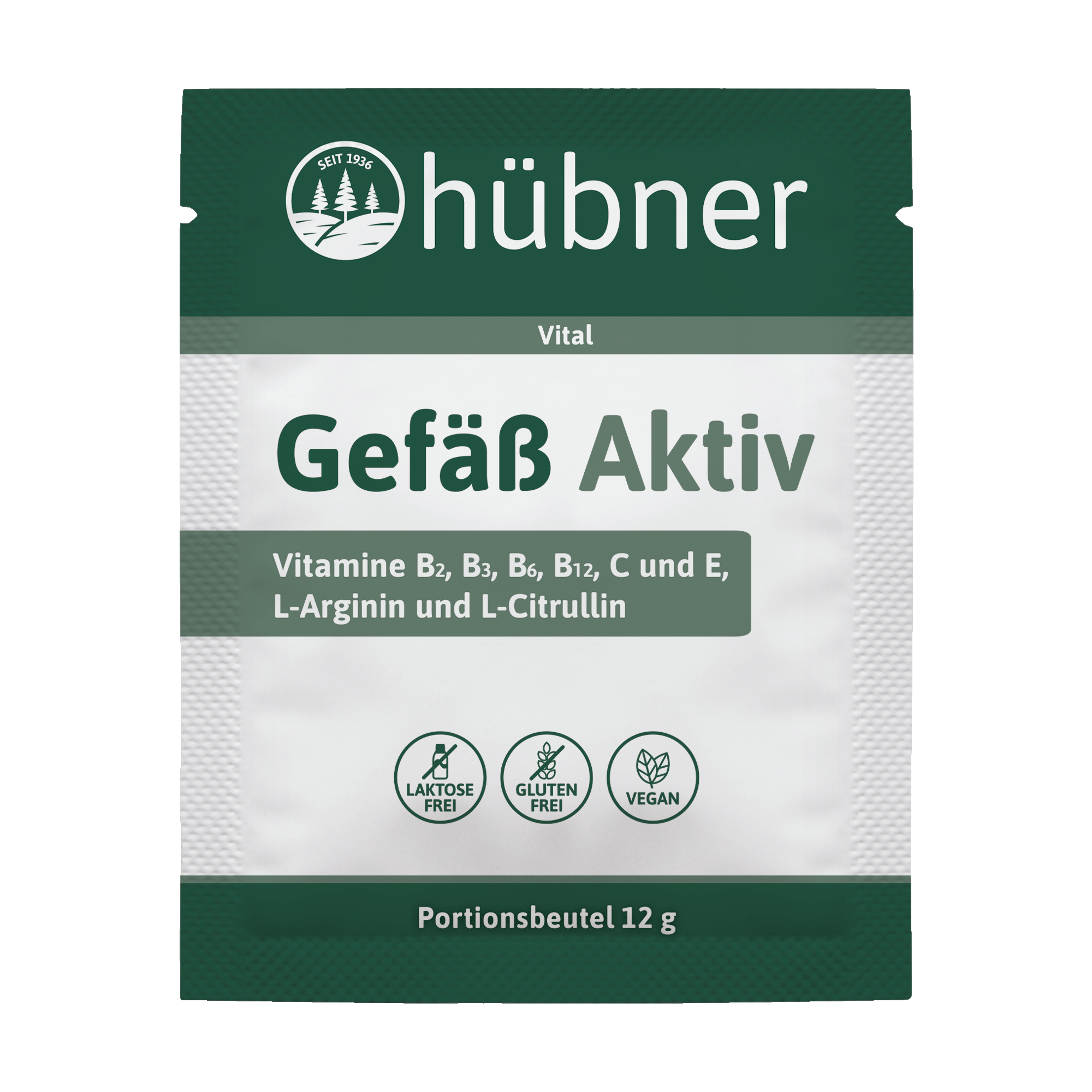 Eine Packung hübner Gefäß Aktiv Pulver, gekennzeichnet als laktosefrei, glutenfrei und vegan, mit 12g pro Portion.