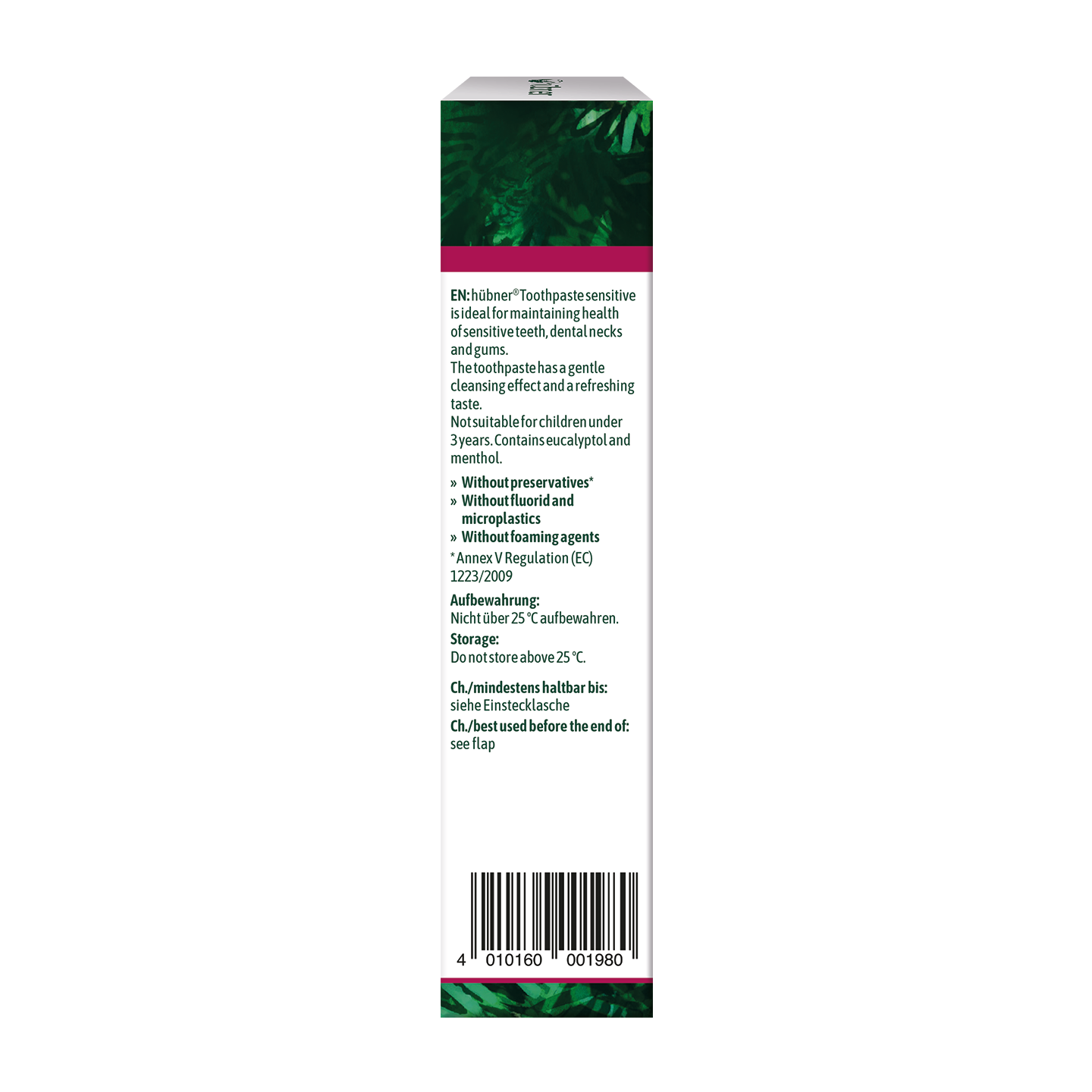 Eine Packung Hübner Zahncreme Mild Zahnpasta mit deutschem Text, der auf rosa Hintergrund die wichtigsten Inhaltsstoffe und Eigenschaften hervorhebt.