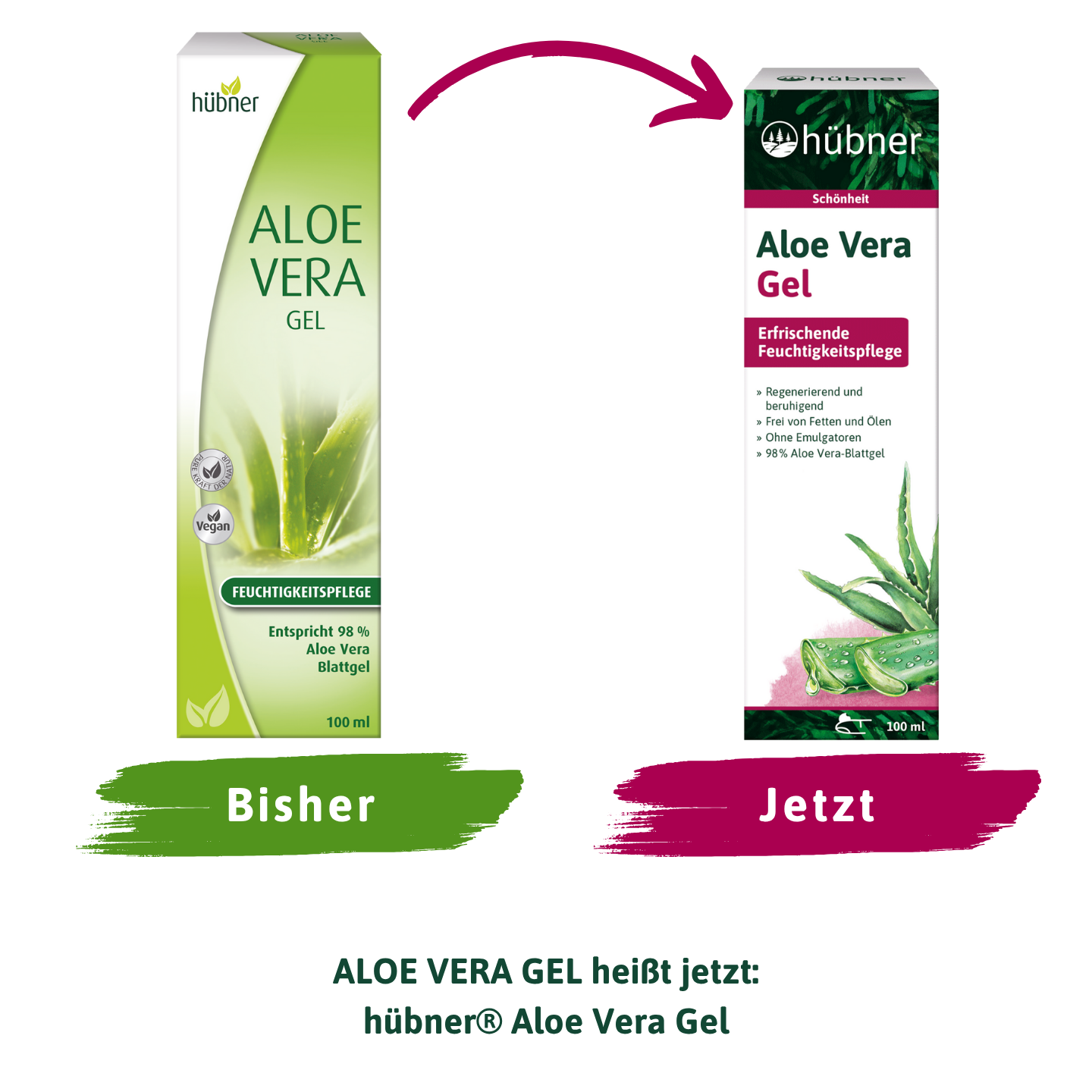 Zwei Packungen Aloe-Vera-Gel, alte und neue Verpackung, mit einem Pfeil, der vom alten zum neuen Design zeigt.
