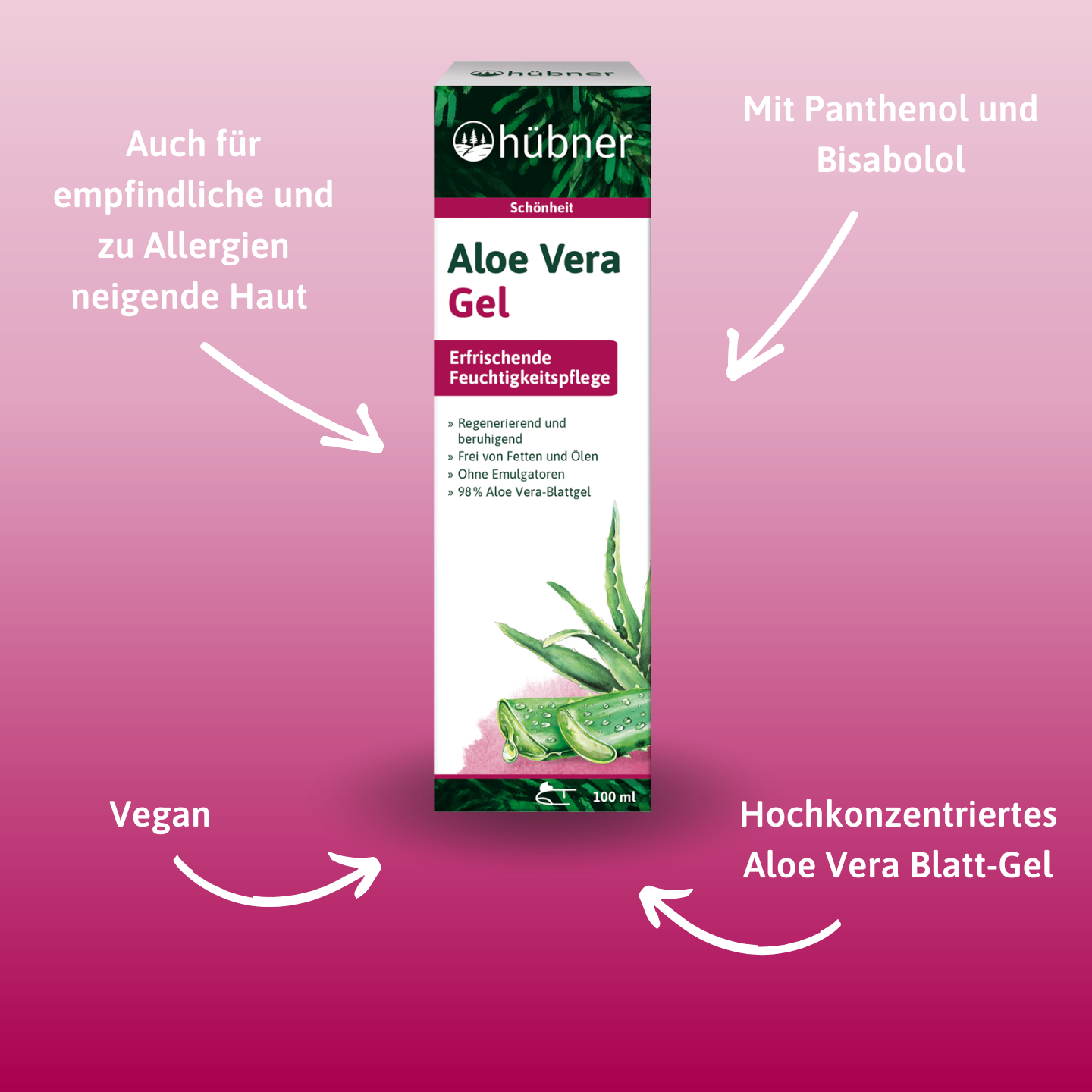 Schachtel mit Hübner Aloe Vera Gel, auf der Produkteigenschaften wie vegan, hoher Aloe-Gehalt und Eignung für empfindliche Haut hervorgehoben sind.