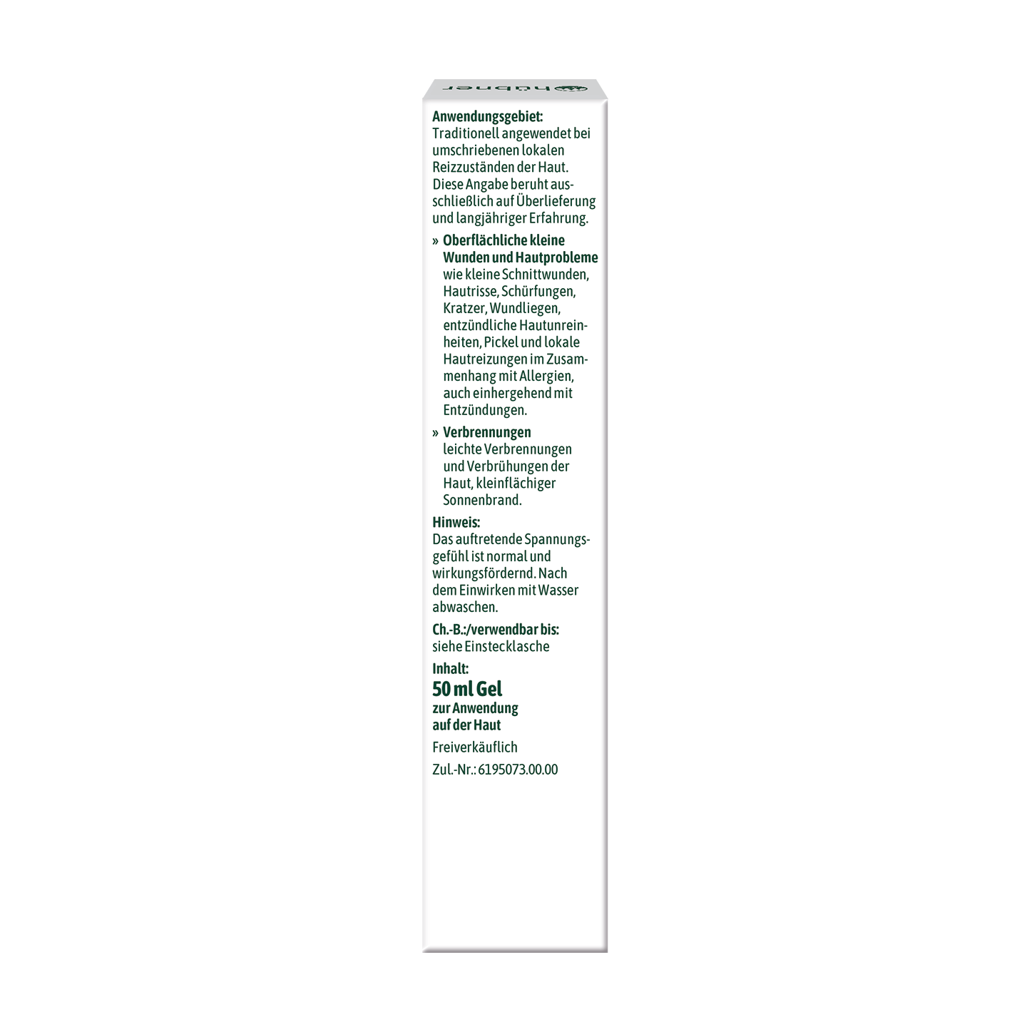 Hohe weiße Schachtel mit deutschem Text, der ein 50 ml Gel zur äußerlichen Anwendung bei kleineren Wunden, Verbrennungen und gereizter Haut beschreibt.