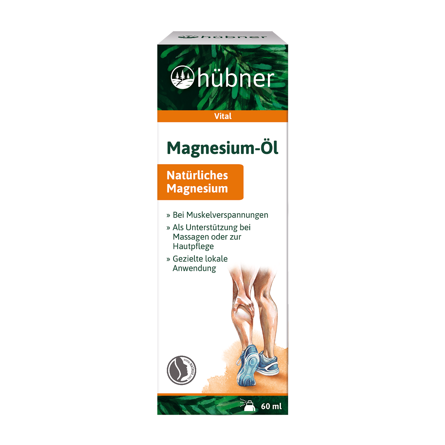 Schachtel Hübner Magnesium-Öl, natürliches Magnesiumöl für die Muskulatur, mit Beinabbildung und Produktdetails in Deutsch.