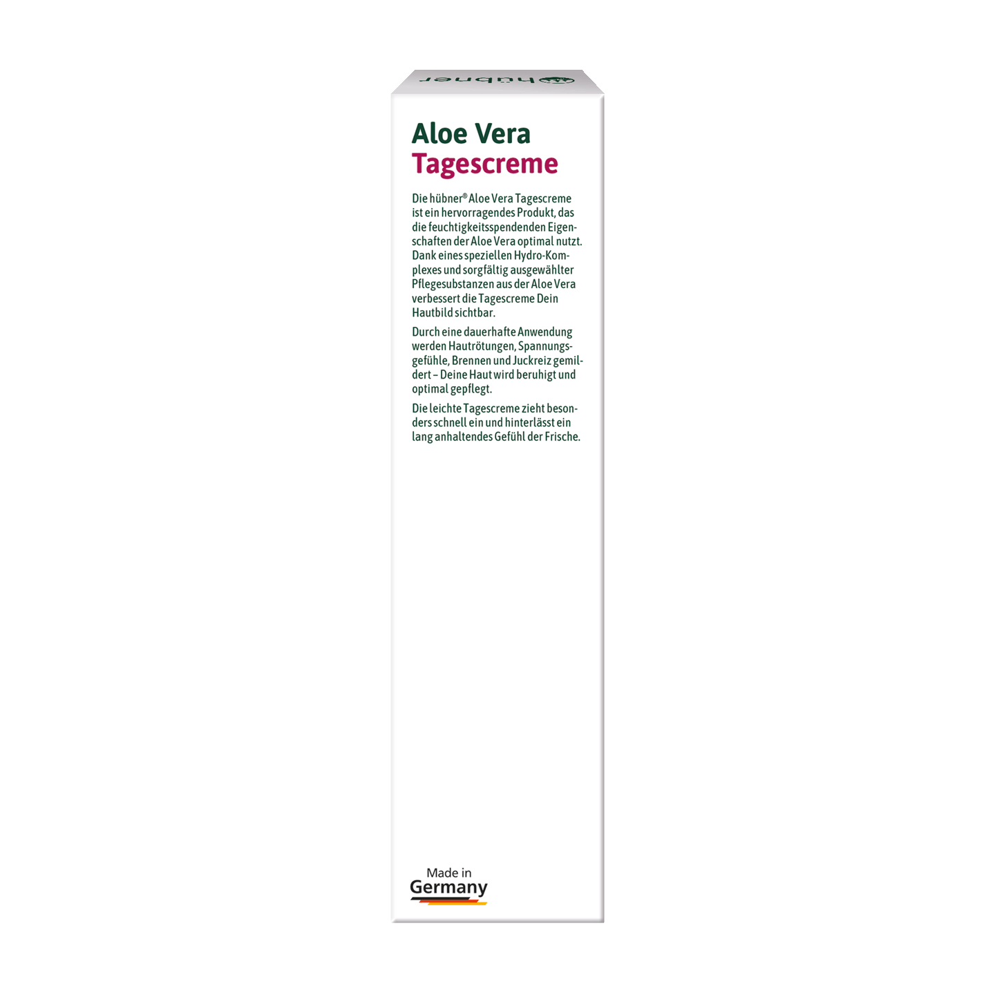 Rückseite einer weißen Schachtel mit dem deutschen Text „Aloe Vera Tagescreme“, der die Vorteile der Gesichtscreme beschreibt, und unten steht „Made in Germany“.