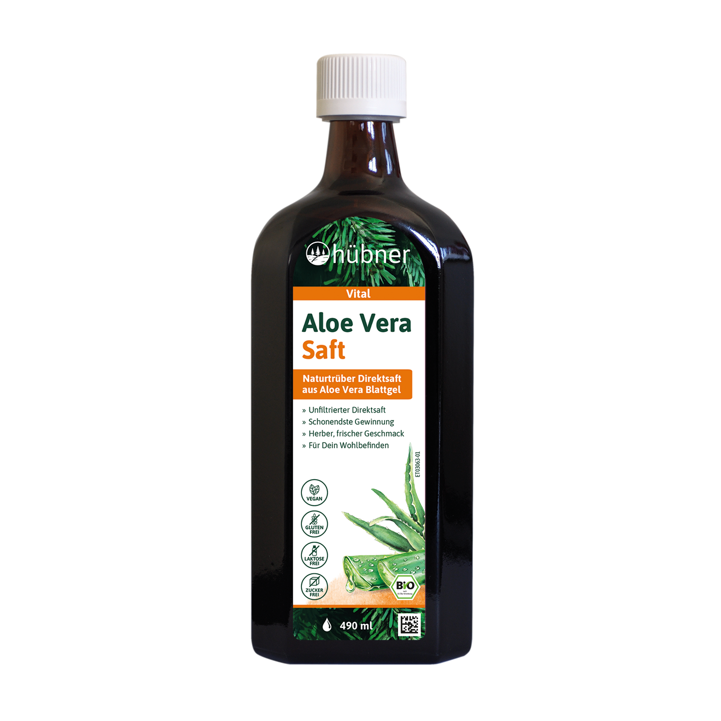 Eine braune Flasche Hübner Aloe Vera Saft mit weißem Deckel und grünem Etikett mit Abbildungen der Aloe Vera-Pflanze.