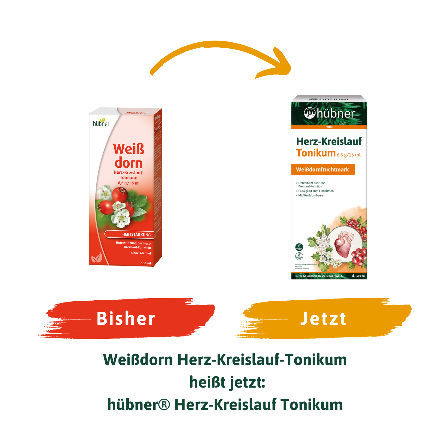 Zwei Produktkartons, einer mit der Aufschrift „Bisher“ und einer mit „Jetzt“, zeigen die alte und die neue Verpackung eines Herz-Kreislauf-Tonikums.