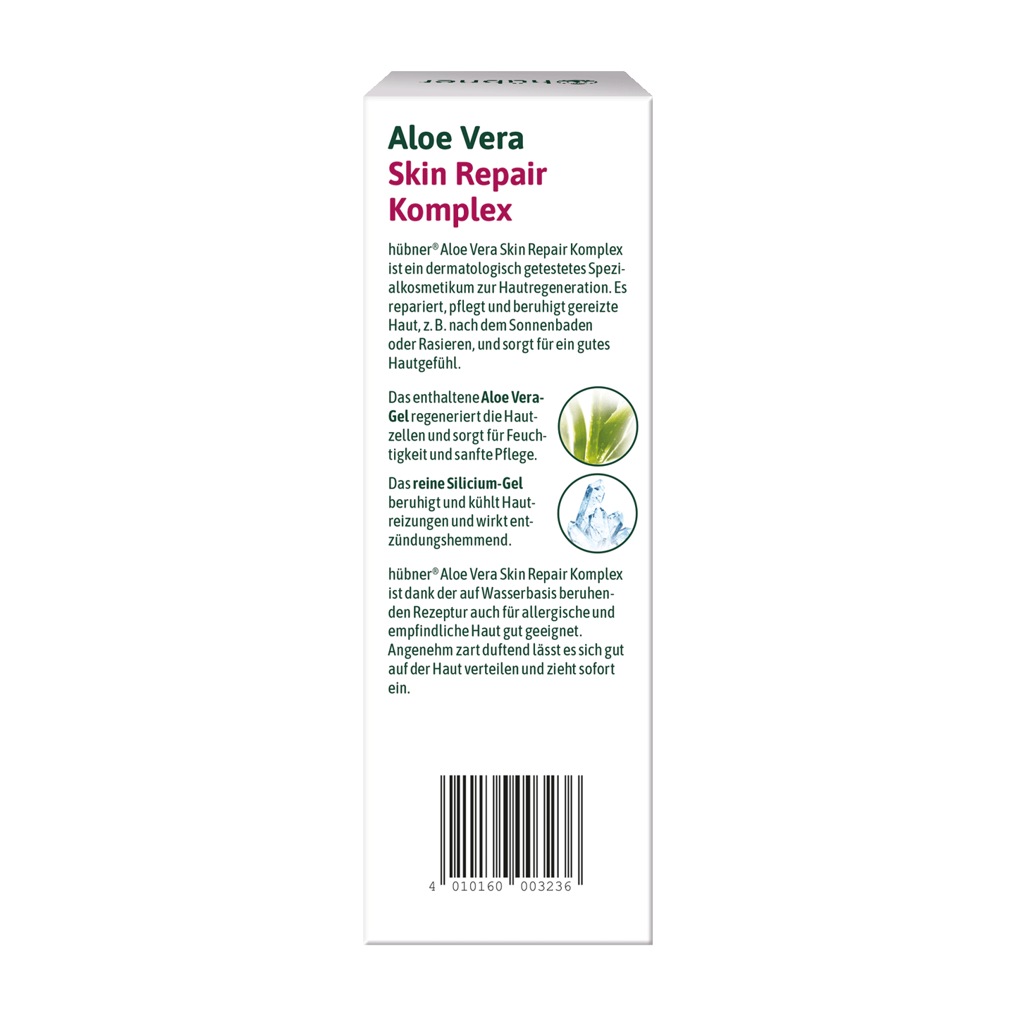 Rückansicht einer Schachtel Hübner Aloe Vera Skin Repair Complex mit Produktangaben sowie Abbildungen von Aloe und einem Wassertropfen.