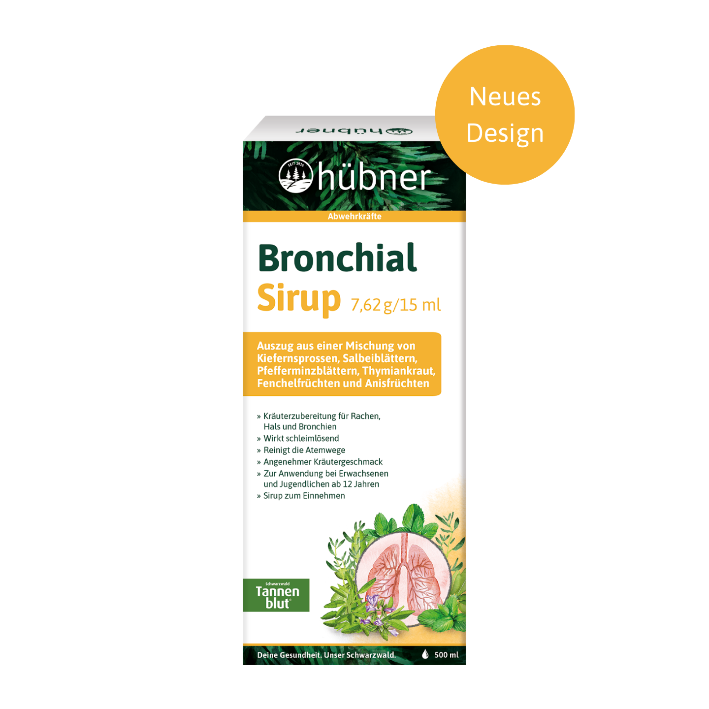 Schachtel Hübner Bronchialsirup mit Kräuterzutaten und Lungendiagramm sowie einem orangefarbenen Kreis mit der Aufschrift „Neues Design“.