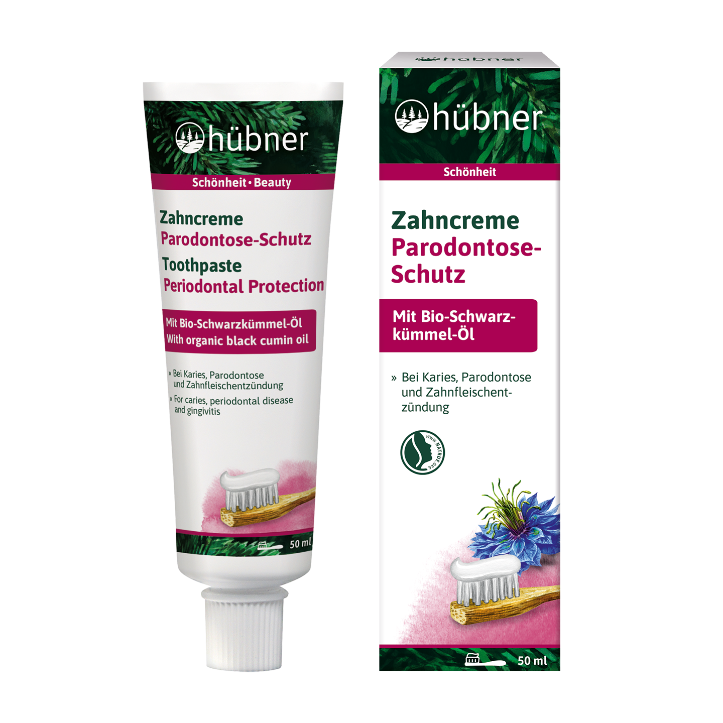 Eine Tube und eine Schachtel Hübner Zahnpasta Parodontalschutz mit Bio-Schwarzkümmelöl, beide mit einem Zahnbürstenmotiv versehen.