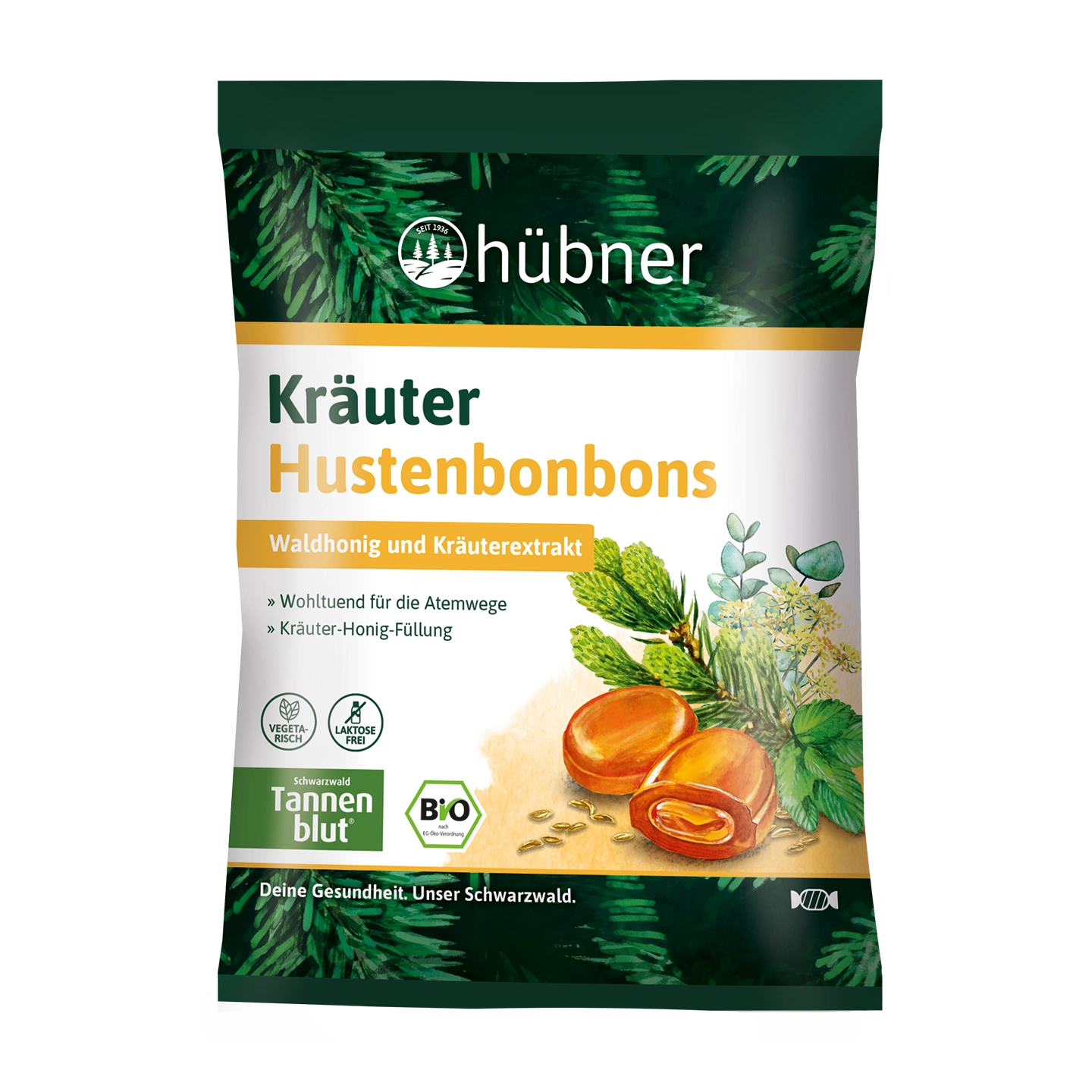 Eine grüne Packung Hübner Kräuter Hustenbonbons mit Honig und Kräuterzutaten auf der Vorderseite abgebildet.