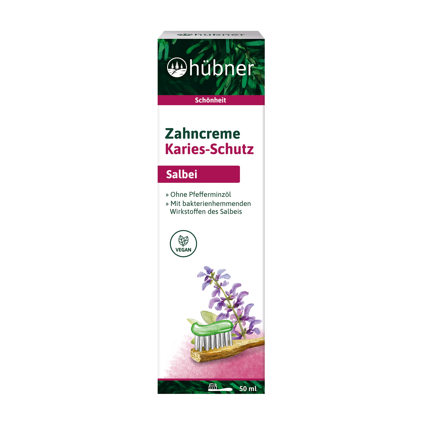 Eine Schachtel Hübner Salbei-Zahnpasta mit der Aufschrift „Karies-Schutz“ mit einer Salbei-Abbildung und einer Zahnbürste.