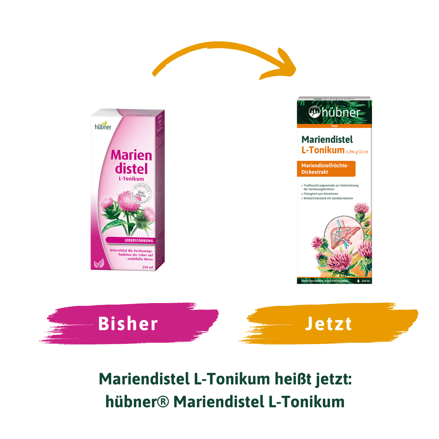 Zwei Schachteln Mariendistel-Tonikum: Alte Verpackung links mit der Aufschrift „Bisher“, neue Verpackung rechts mit der Aufschrift „Jetzt“.