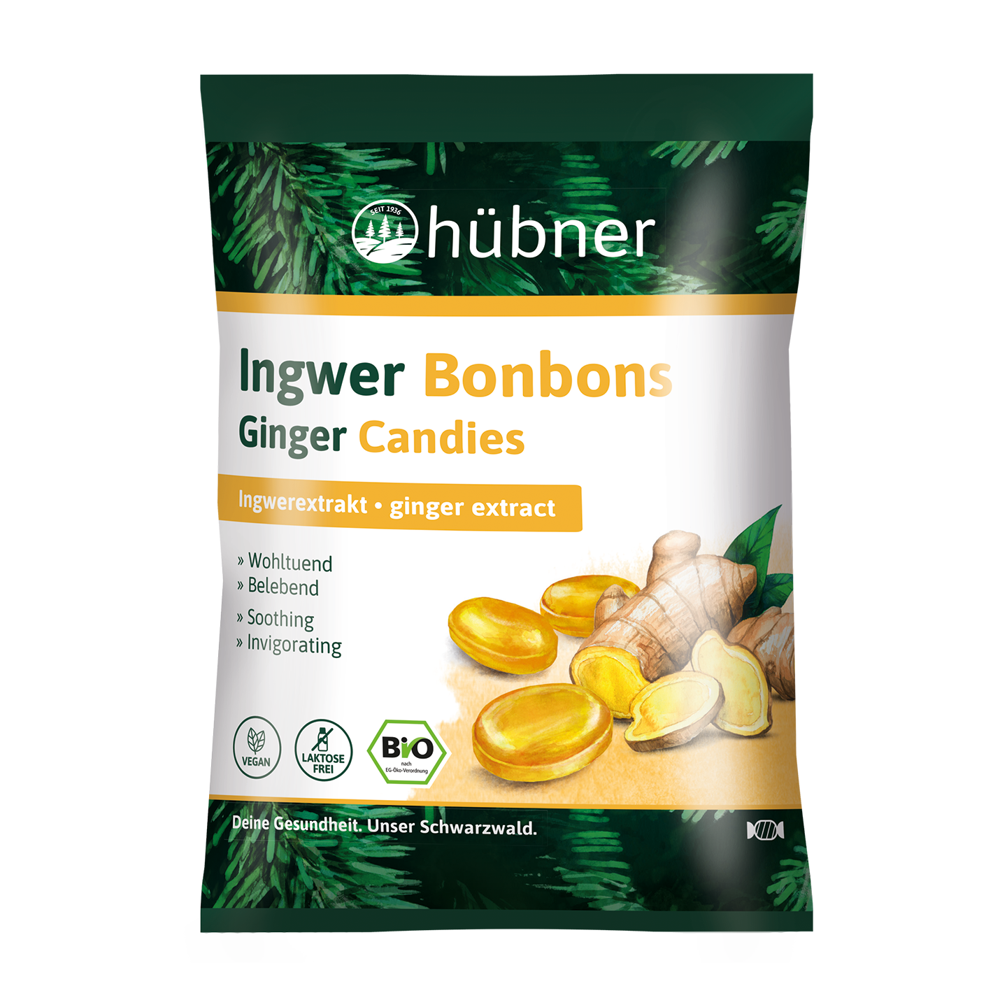 Eine Packung Hübner Ingwerbonbons mit Ingwerwurzel und Bonbons auf der Vorderseite und sichtbaren veganen und Bio-Etiketten.