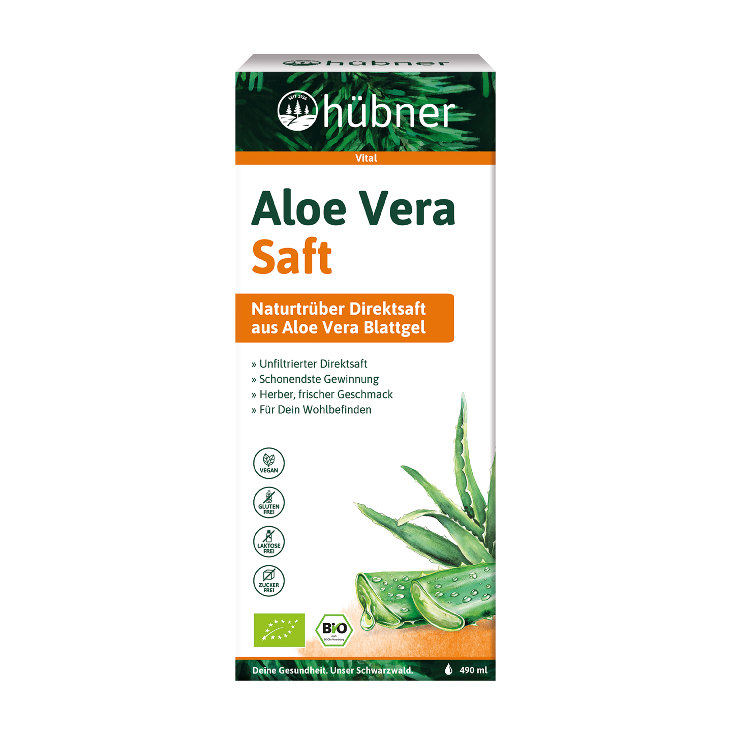 Vorderseite einer Hübner Aloe Vera Saft-Saftpackung mit Aloe Vera-Bildern und deutschen Produktbeschreibungen.