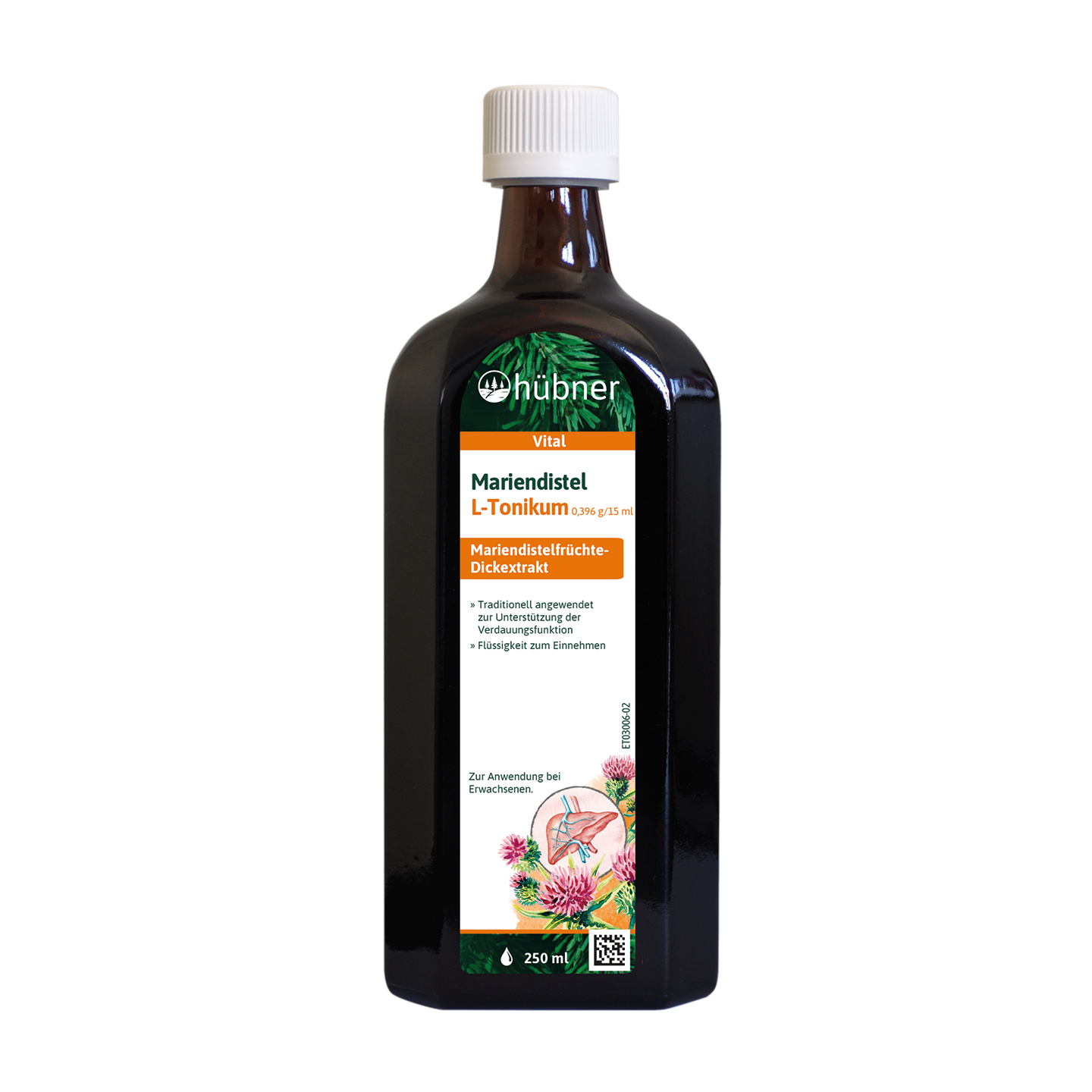 Eine dunkle Flasche mit der Aufschrift „hübner Mariendistel L-Tonikum“ mit einem Bild von Mariendistelblüten und Dosierungsangaben.