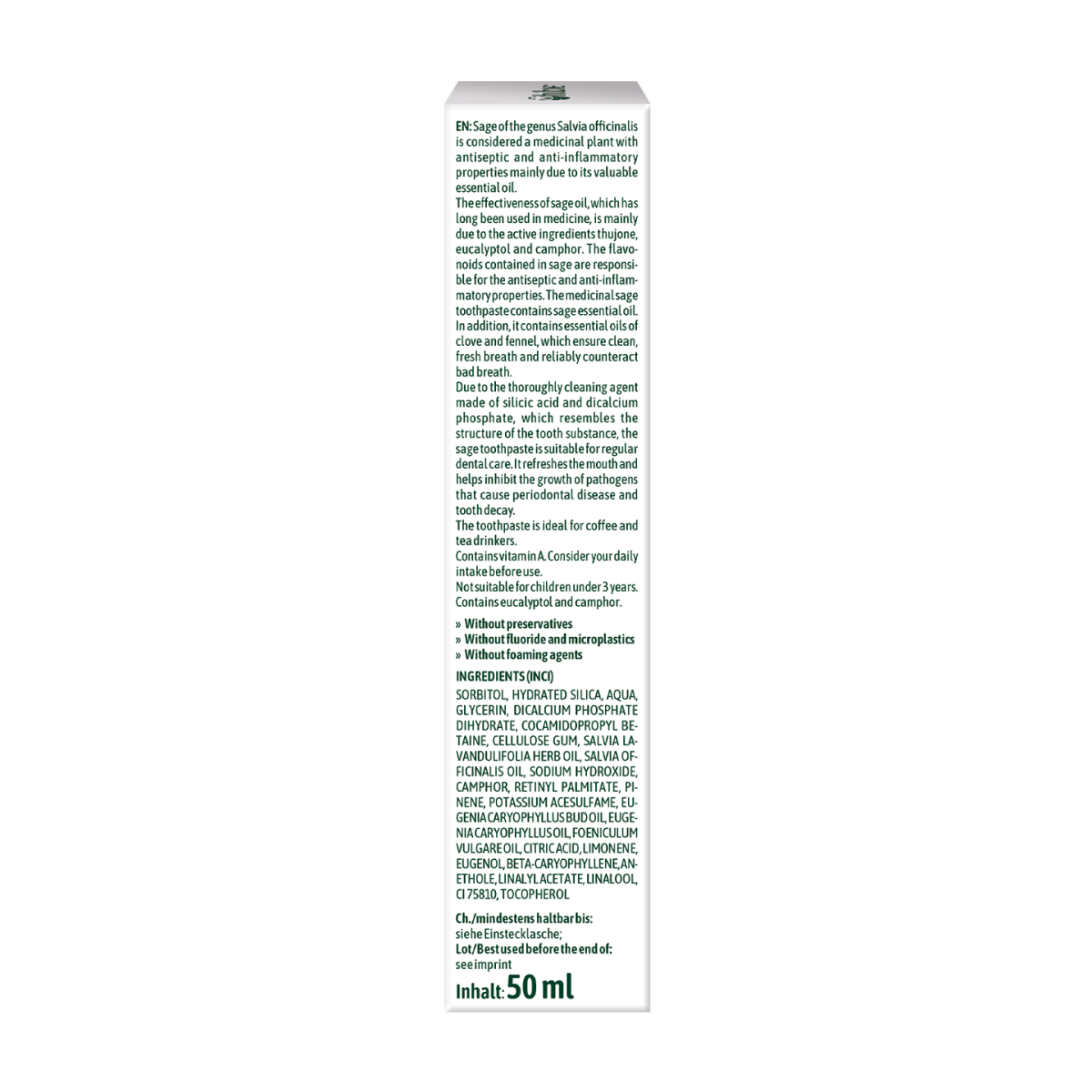 Seitenansicht einer Medikamentenschachtel mit den Inhaltsstoffen, Anweisungen und Herstellerinformationen in schwarzer Schrift auf weißem Hintergrund.