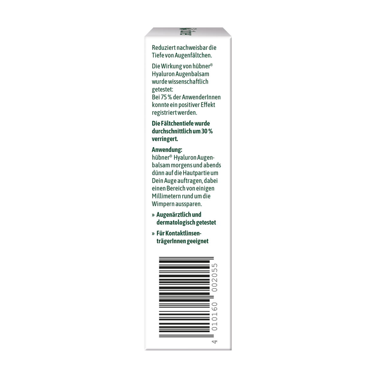 Weiße Produktverpackung mit deutschem Text, der einen Augenbalsam beschreibt, Anwendungshinweisen und einem Barcode am Boden.