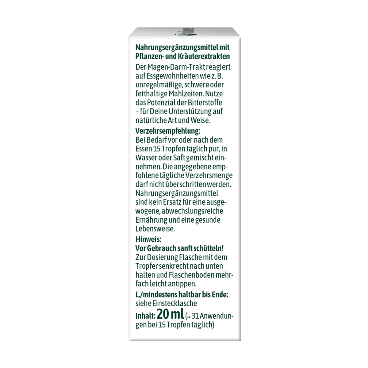 Weiße rechteckige Verpackung mit deutschem Text zur Beschreibung eines Nahrungsergänzungsmittels, Gebrauchsanweisungen, Inhaltsstoffen und Aufbewahrungsinformationen.
