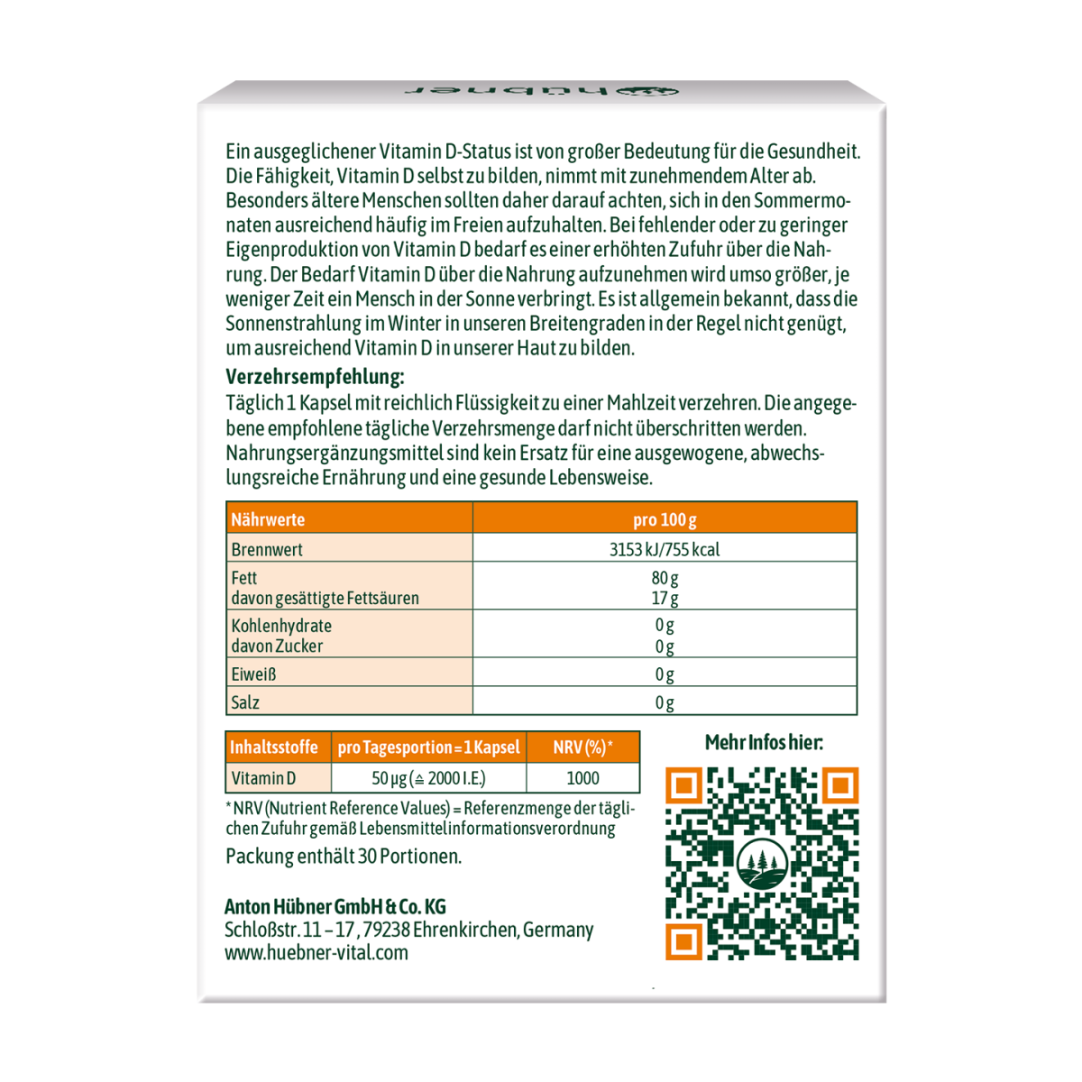 Nährwerttabelle und Produktinformationen zu einer Vitamin D3 Kapsel in deutscher Sprache mit Angaben zu Nährstoffen, Dosierung und Hersteller.