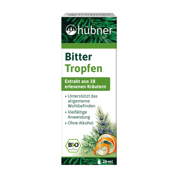 Eine Schachtel Hübner Bitter Tropfen mit Kräuter- und Orangenabbildungen, der Aufschrift „Bio“, „Alkoholfrei“ und einem Inhalt von 20 ml.