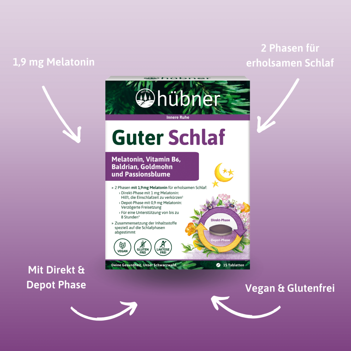 Produktverpackung für hübner Guter Schlaf, die auf violettem Hintergrund den Melatoningehalt, zwei Schlafphasen und vegane, glutenfreie Eigenschaften hervorhebt.